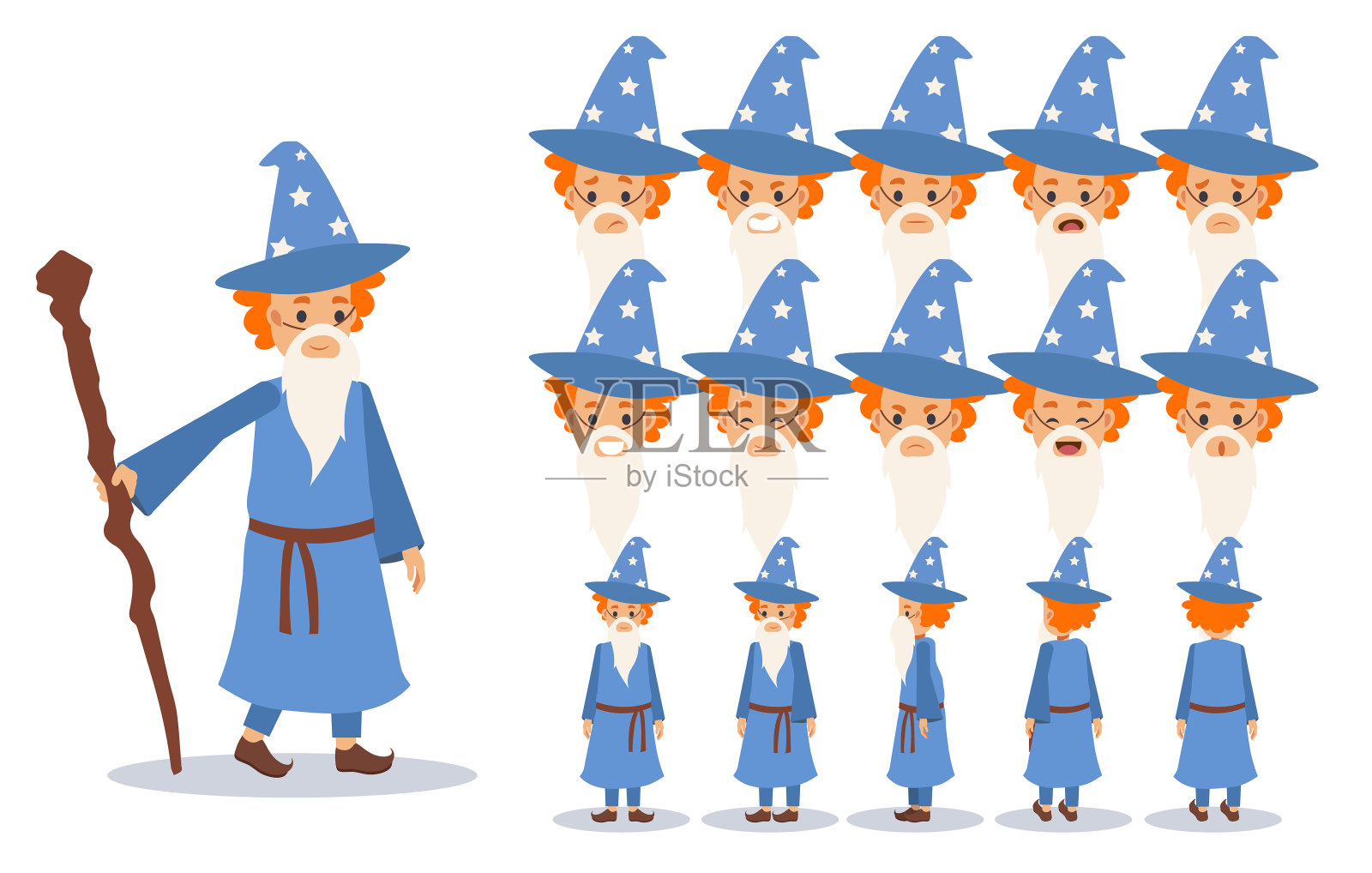 万圣节的小男孩穿着巫师服装。不给糖就捣蛋。正面,侧面,背面动画角色。矢量卡通风格,平面矢量插图。插画图片素材