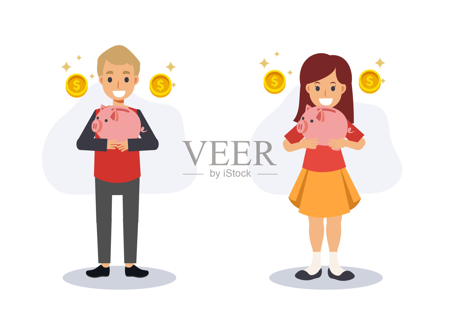 存钱概念金融,孩子在存钱罐里存钱。孩子拿着存钱罐。平面矢量2D卡通人物插图。插画图片素材