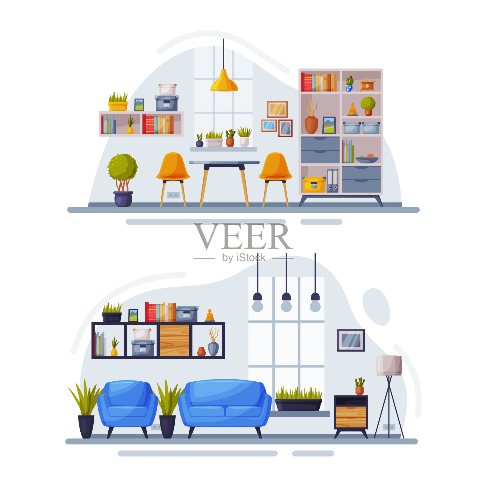 舒适的房间内饰有舒适的沙发,扶手椅,书柜,咖啡桌和家庭装饰配件集矢量插图插画图片素材