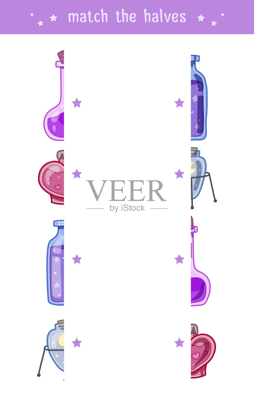 找到儿童教育游戏的一半。向量幼儿园工作表模板。魔法药水和毒药。插画图片素材