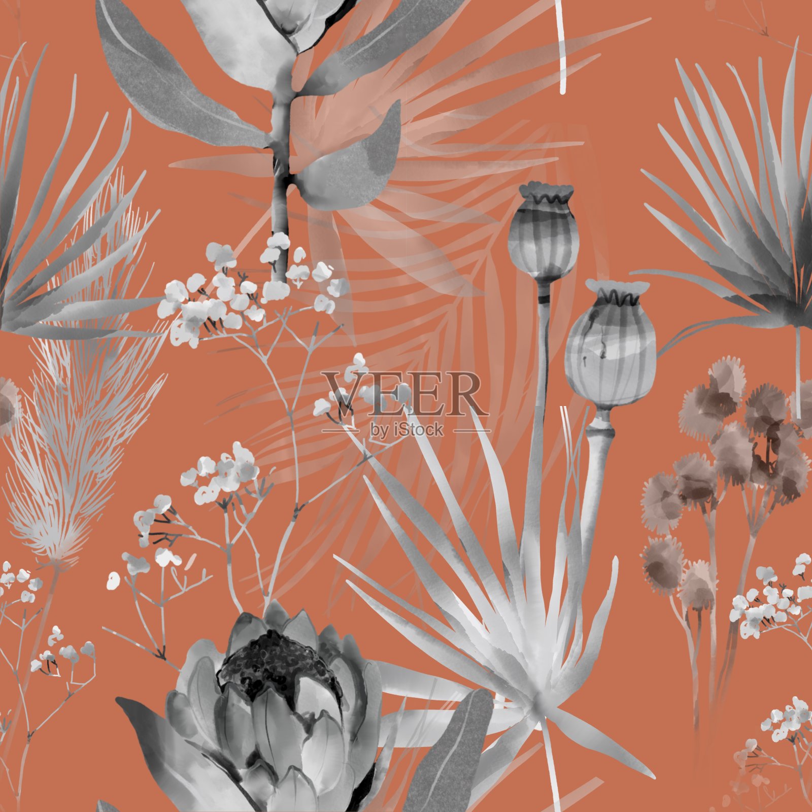 花卉图案与干花波西米亚水彩波西米亚现代插画图片素材