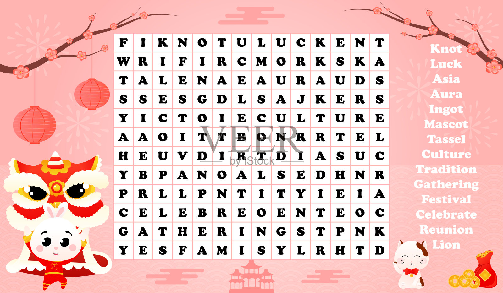字谜游戏,可爱的兔子字符在中国传统服装,樱花和幸运的吉祥物插画图片素材