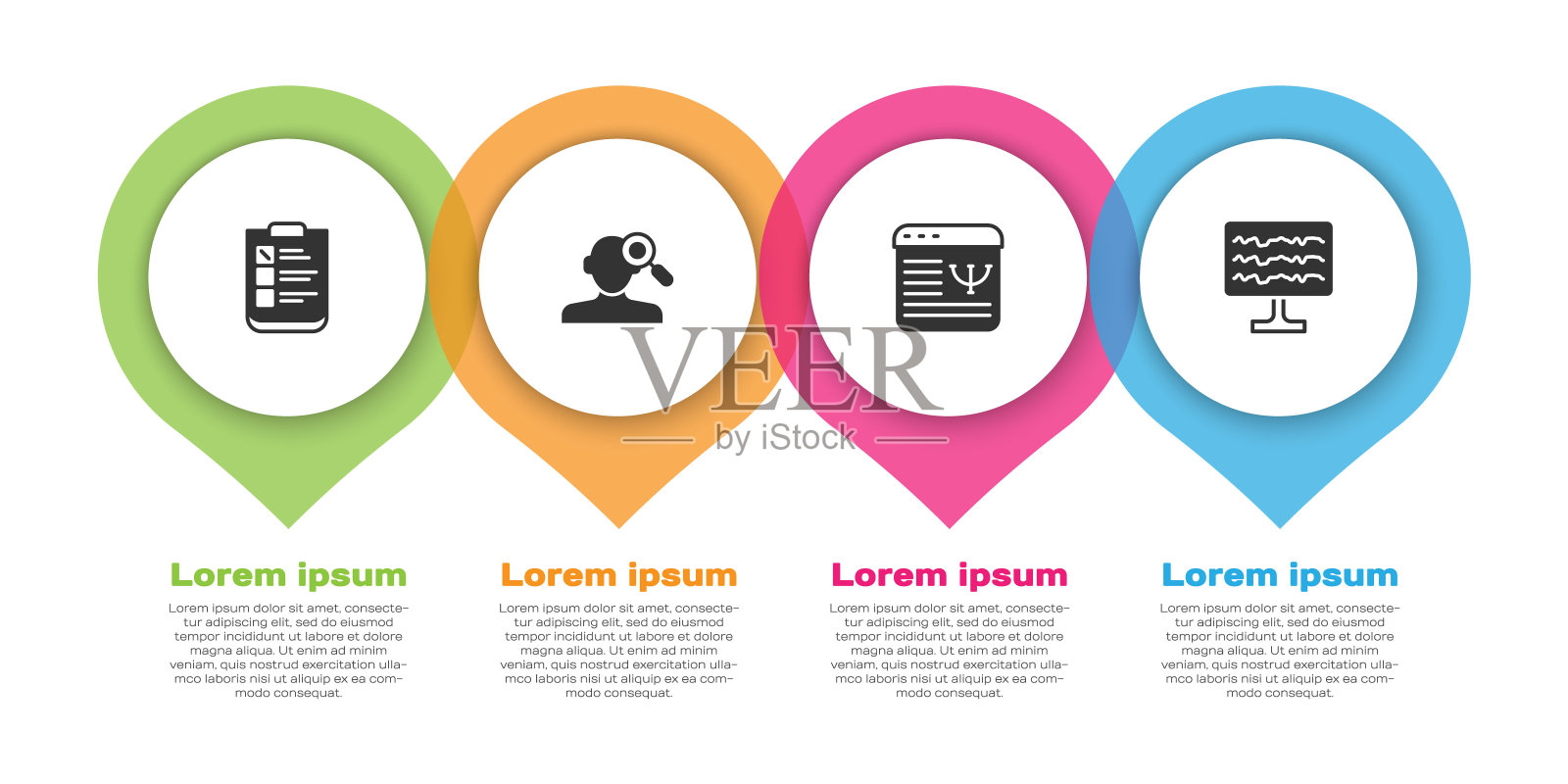 设置心理测试、心理问题发现、网络心理咨询、脑电图。业务信息模板。向量设计模板素材