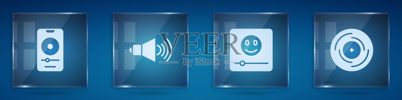 设置音乐播放器,扬声器音量和光盘。方形玻璃面板。向量插画图片素材