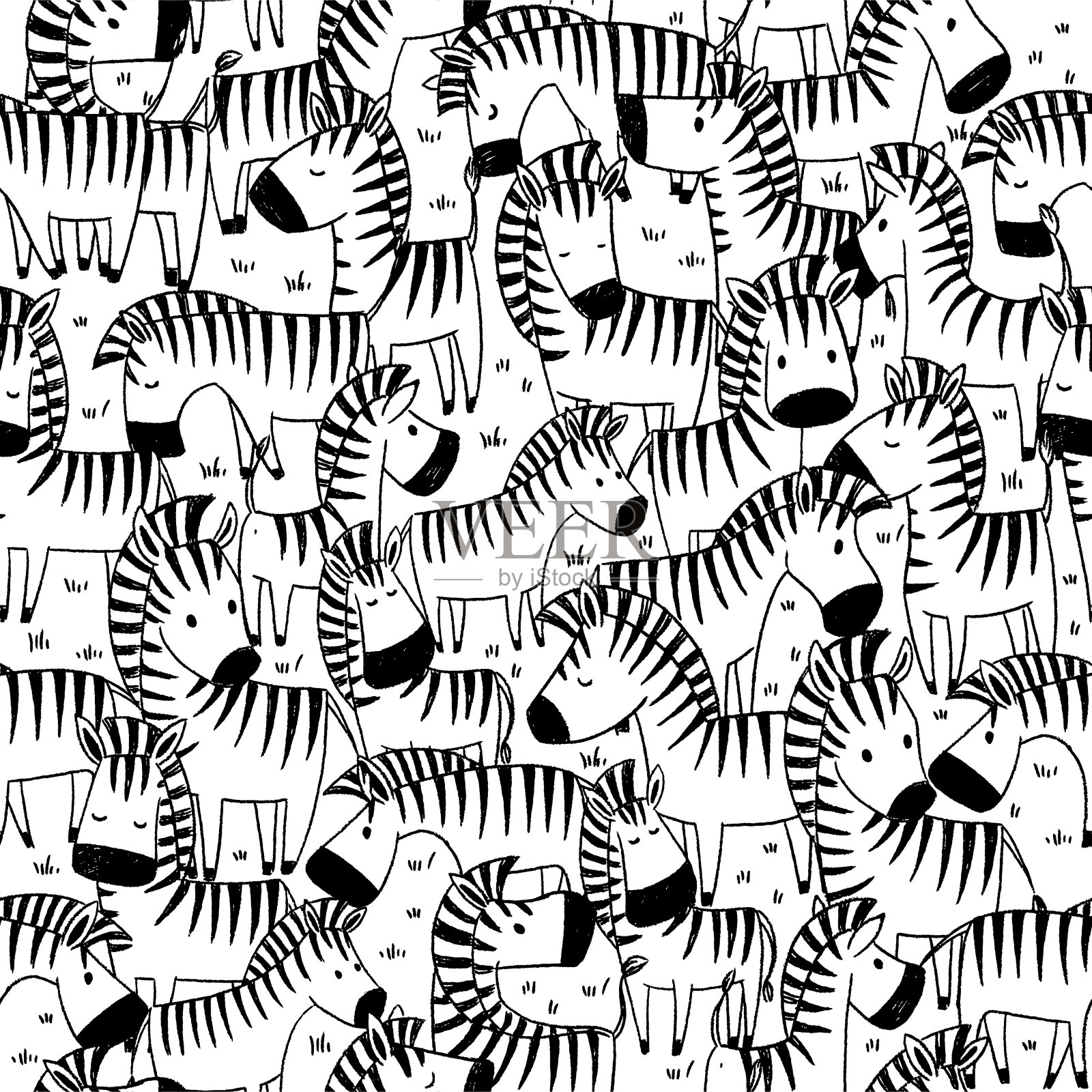 有趣的动物园的动物。一群涂鸦风格的斑马。黑白矢量无缝模式插画图片素材