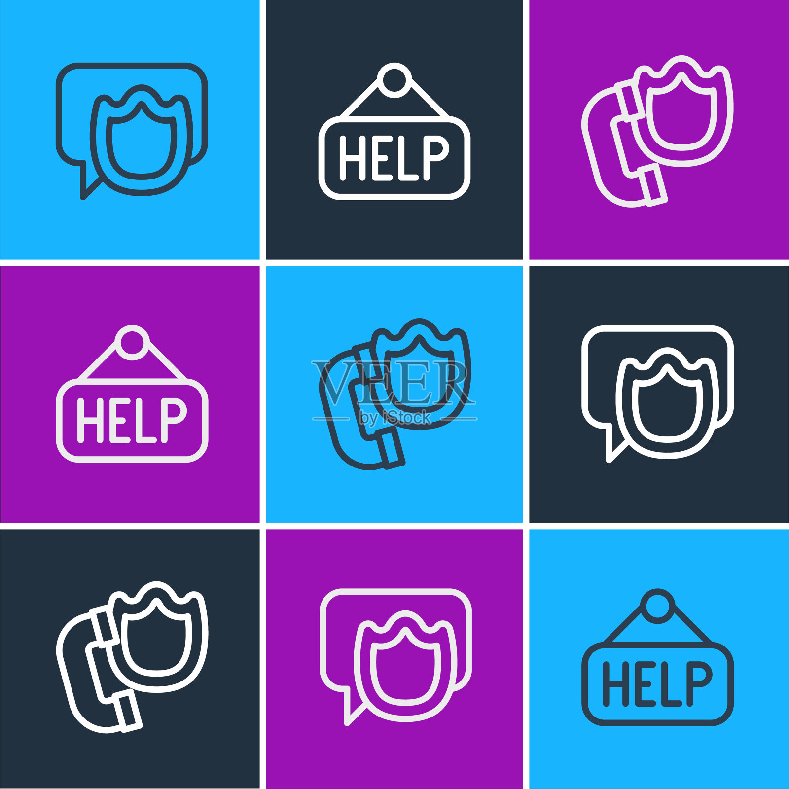 设置线路语音气泡聊天,电话手持盾牌和招牌文字帮助图标。向量插画图片素材