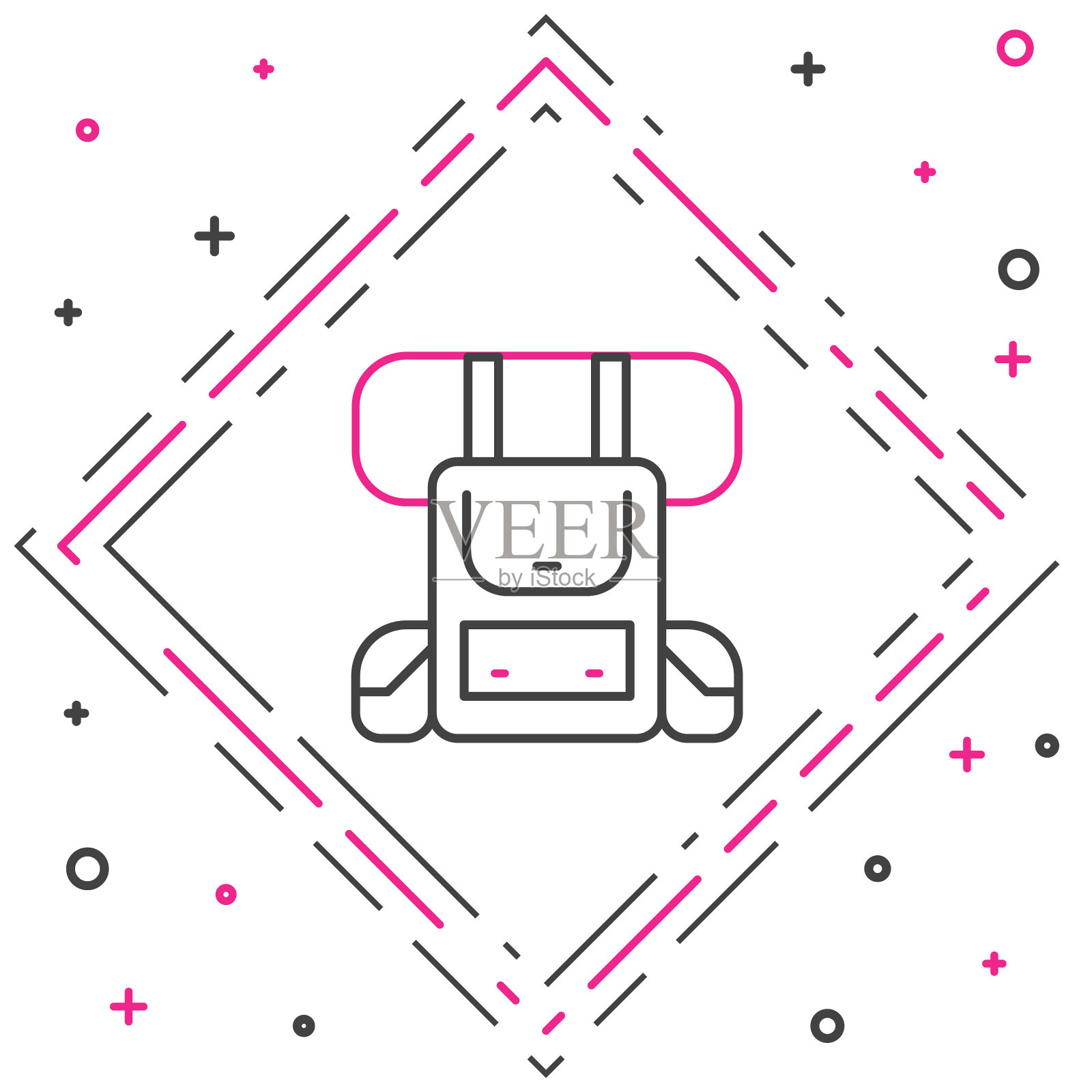 行徒步旅行背包图标孤立在白色背景上。野营和登山探险背包。色彩斑斓的轮廓的概念。向量图标素材