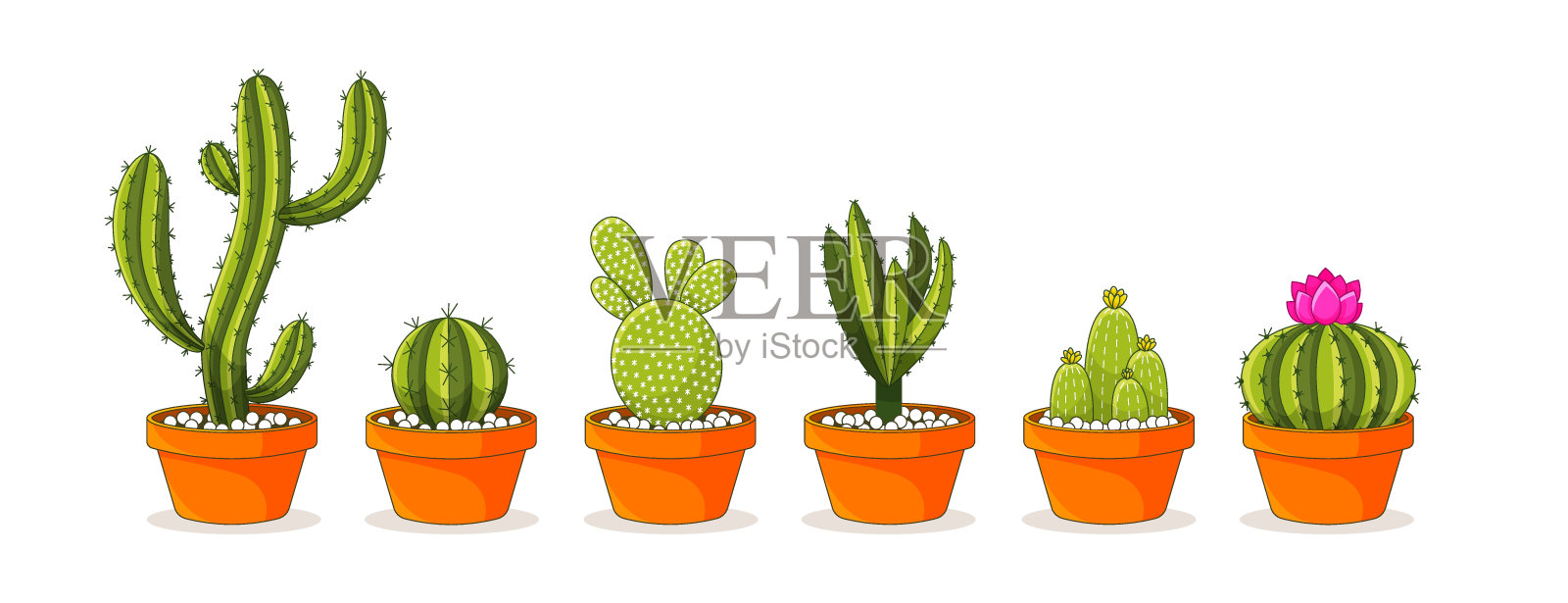 花盆中的仙人掌和多肉植物。可爱的绿色盆栽仙人掌和多肉植物的向量集。盆栽植物收藏。孤立的白色背景。设计元素图片