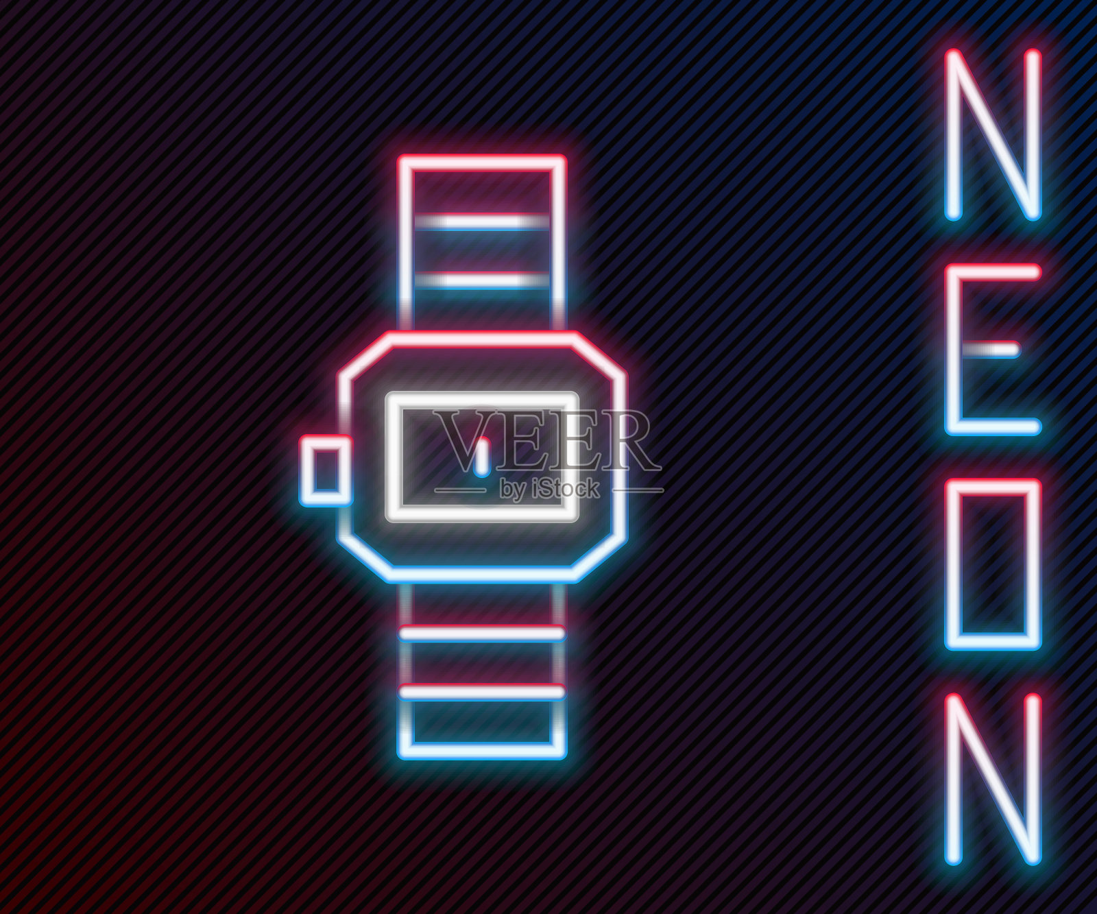 发光霓虹灯线腕表图标孤立在黑色背景。手表图标。色彩斑斓的轮廓的概念。向量插画图片素材