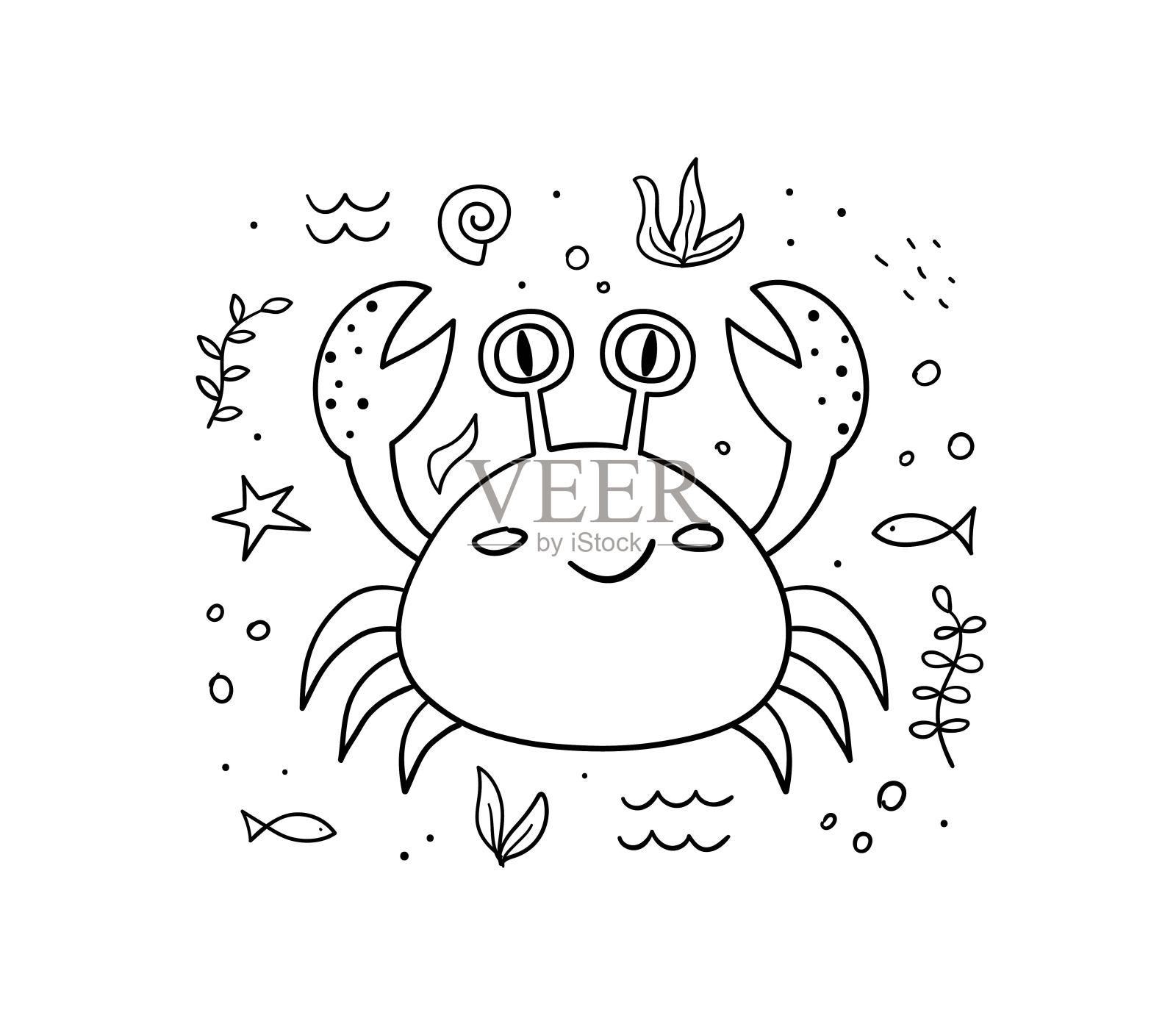 可爱的螃蟹线性向量插图。涂鸦素描风格。插画图片素材