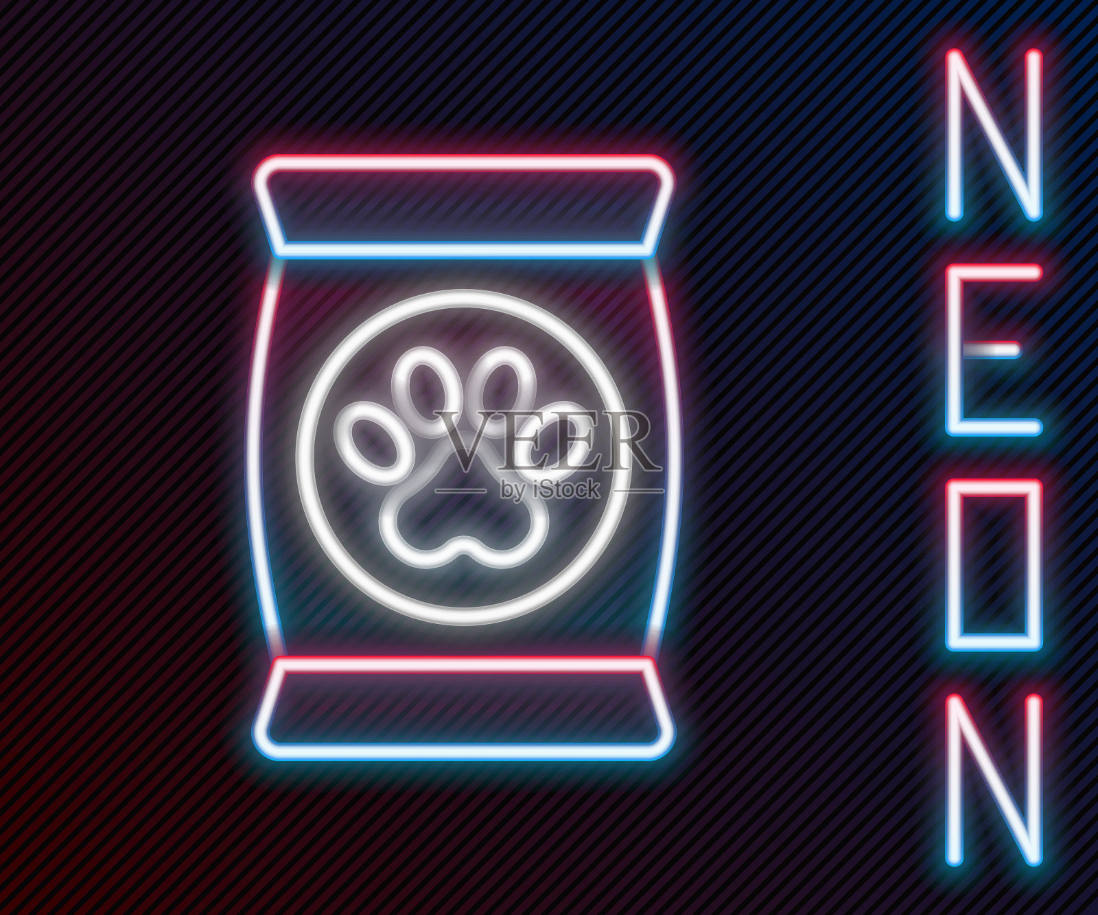 发光的霓虹灯线袋的宠物图标孤立在黑色背景。动物的食物。狗骨头的迹象。宠物食品包装。色彩斑斓的轮廓的概念。向量插画图片素材