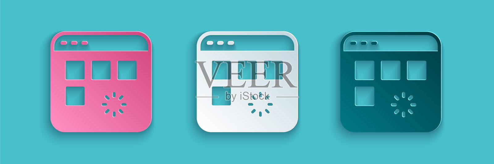 加载一个进度条图标孤立在蓝色背景上的数据窗口。纸艺术风格。向量图标素材