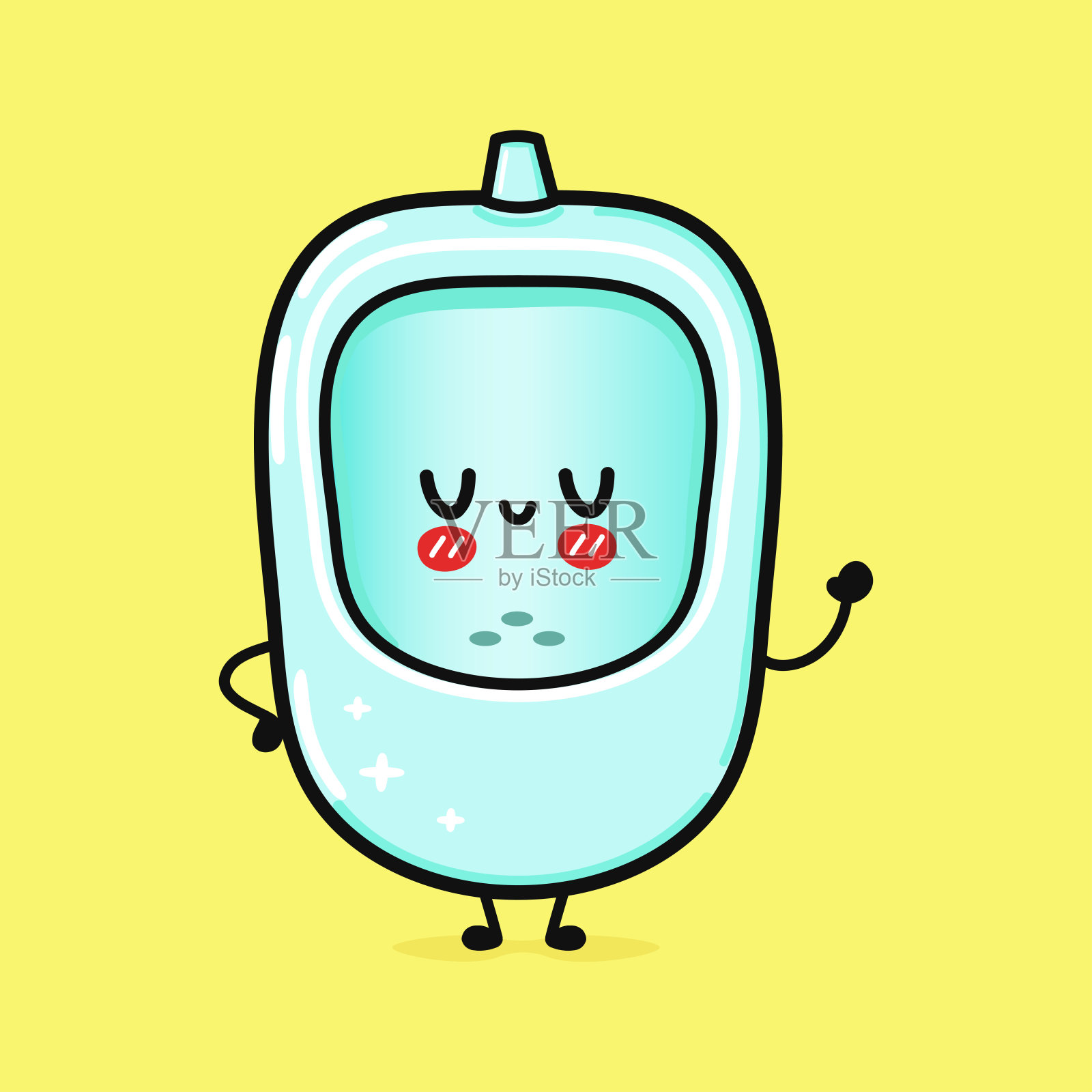 可爱有趣的小便池角色。矢量手绘卡通可爱的人物插图图标。孤立在蓝色背景上。便池角色概念插画图片素材