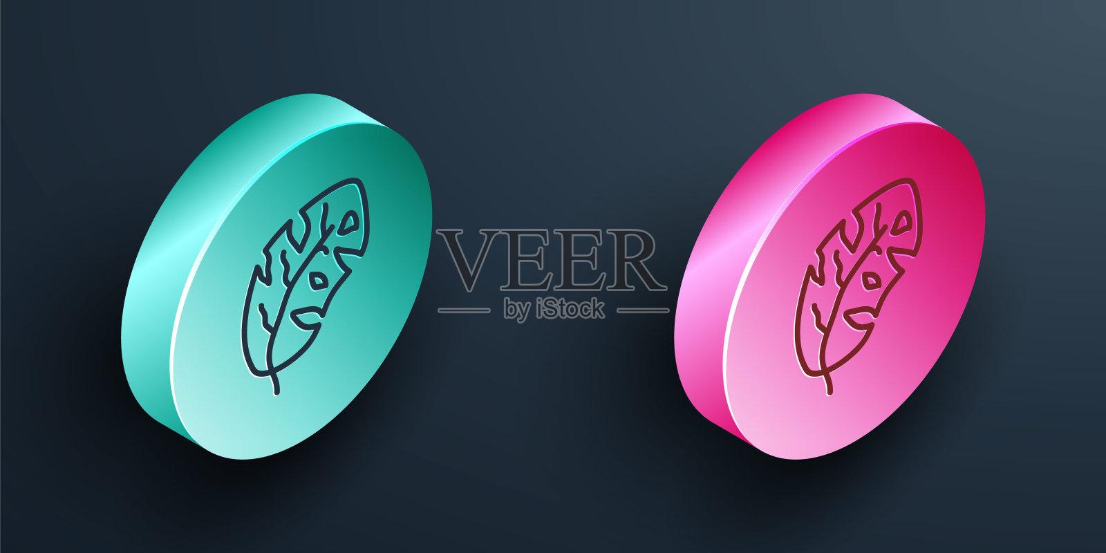 在黑色背景上孤立的棕榈树图标的热带叶子。绿松石和粉红色的圆形按钮。向量插画图片素材