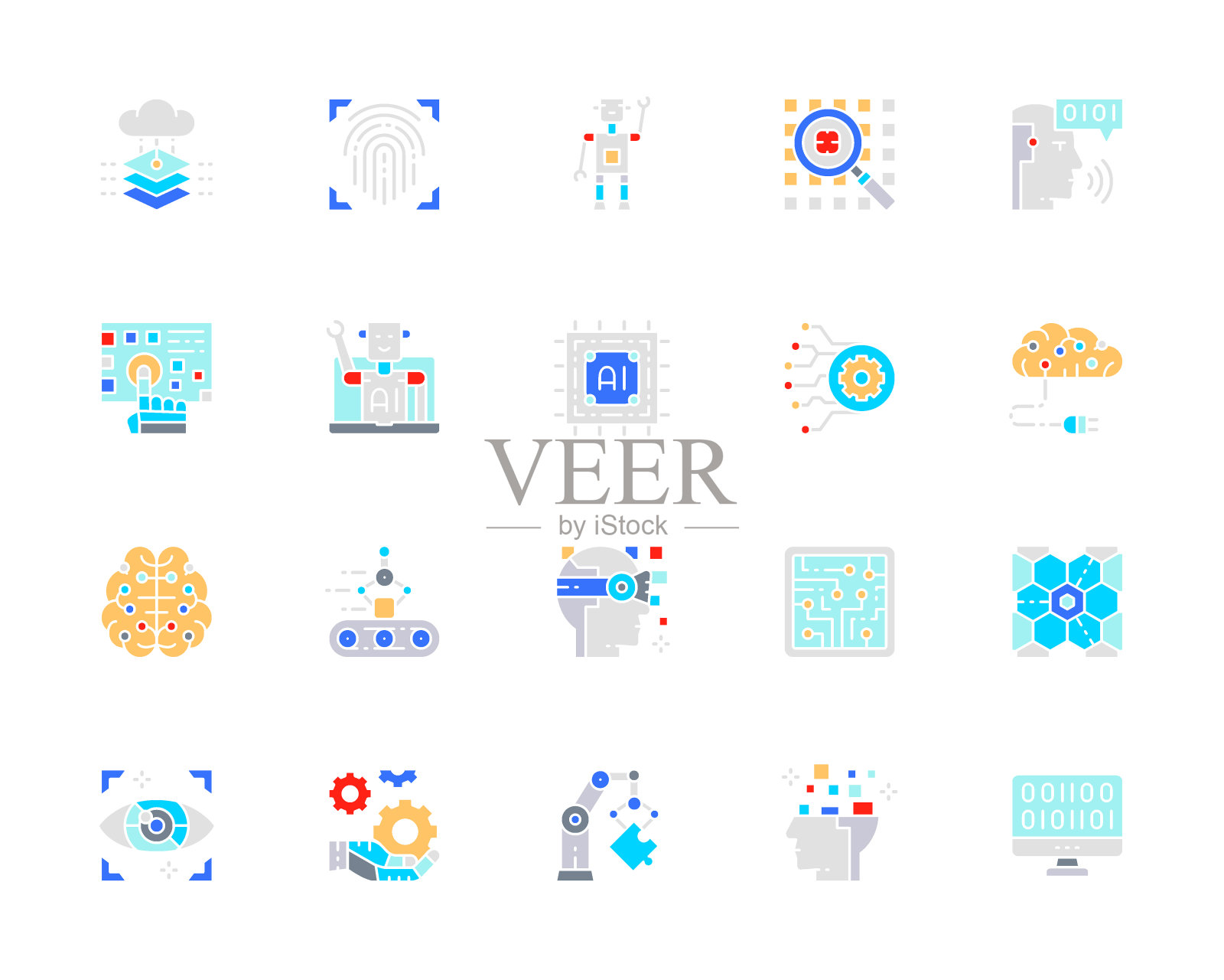 人工智能白线图标集。工程、计算机芯片、虚拟现实、聊天机器人、大数据等。图标素材