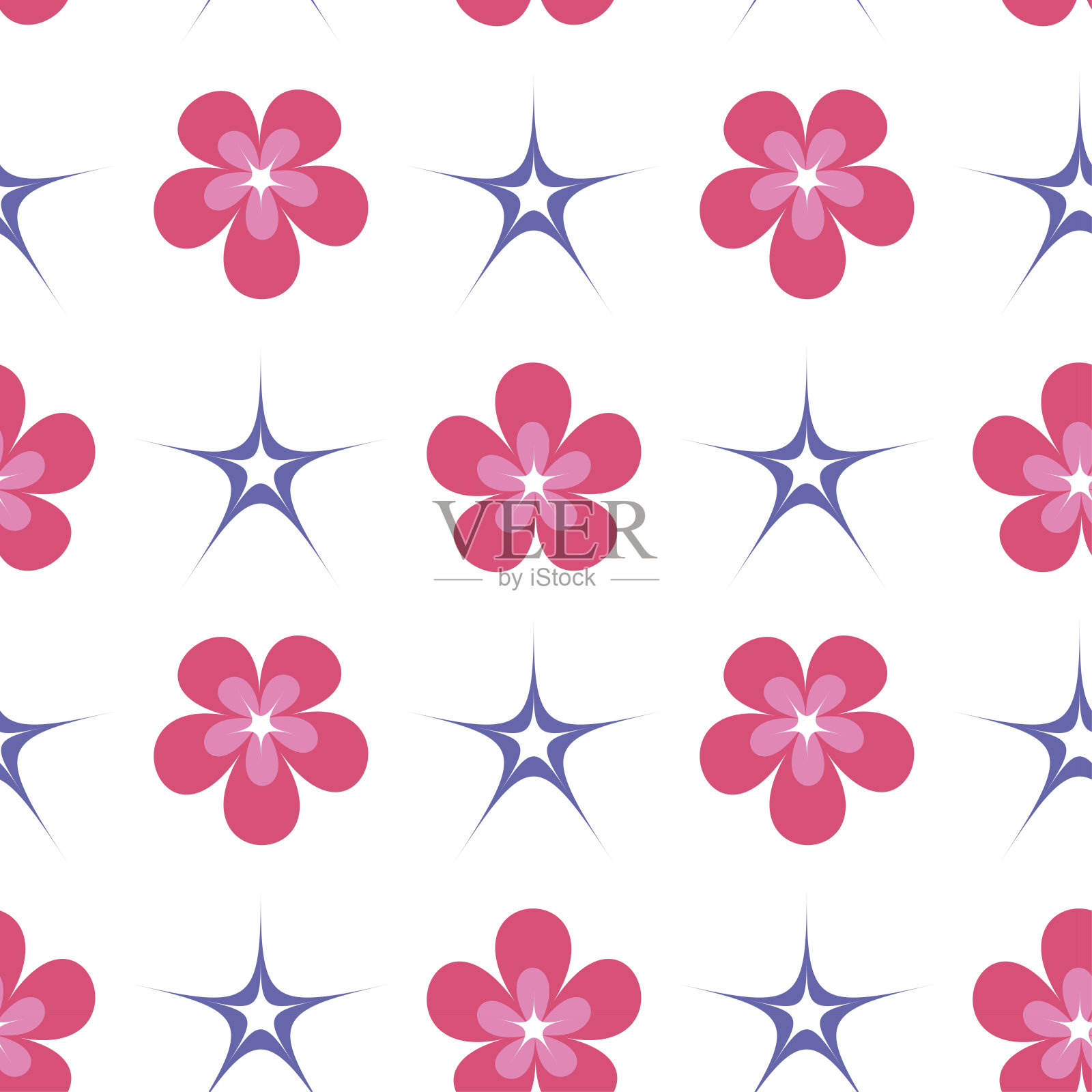 明亮的花无缝图案与粉红色的花和紫色的星星在白色的背景纸和织物设计插画图片素材