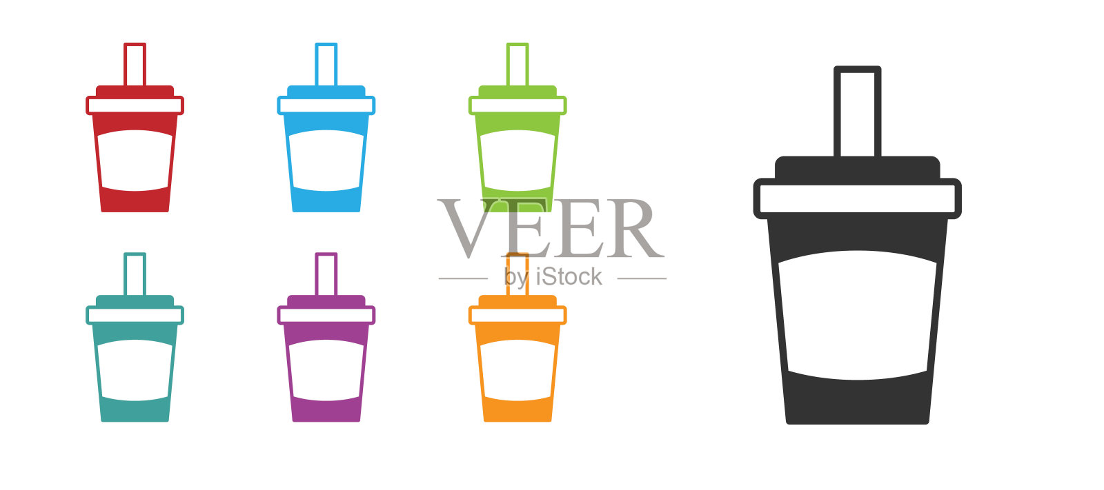 黑色纸玻璃与饮用吸管和水图标孤立在白色背景。苏打饮料的玻璃。新鲜冷饮象征。设置图标丰富多彩。向量插画图片素材