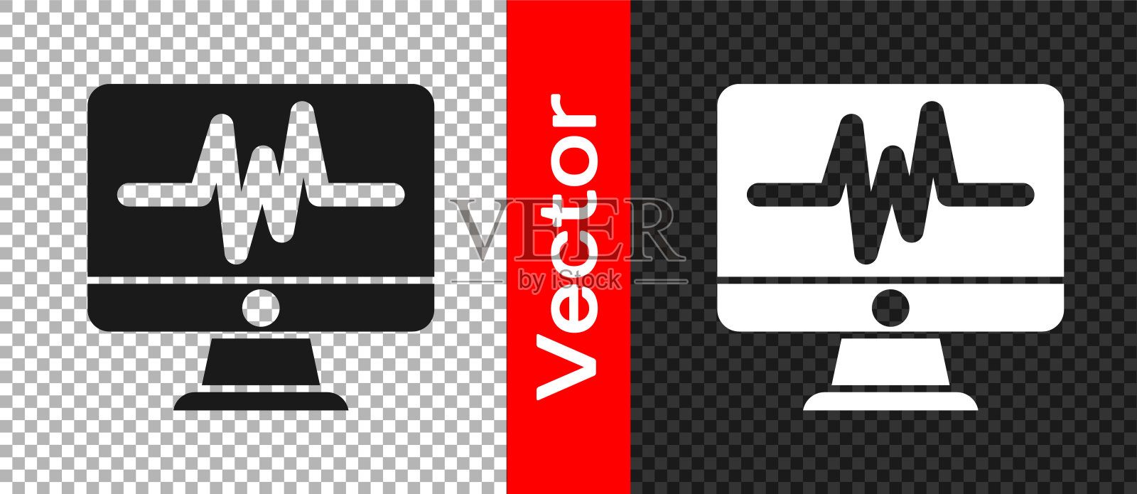 黑色电脑显示器与心电图标孤立透明背景。监控图标。用手绘制心电监护仪。向量图标素材