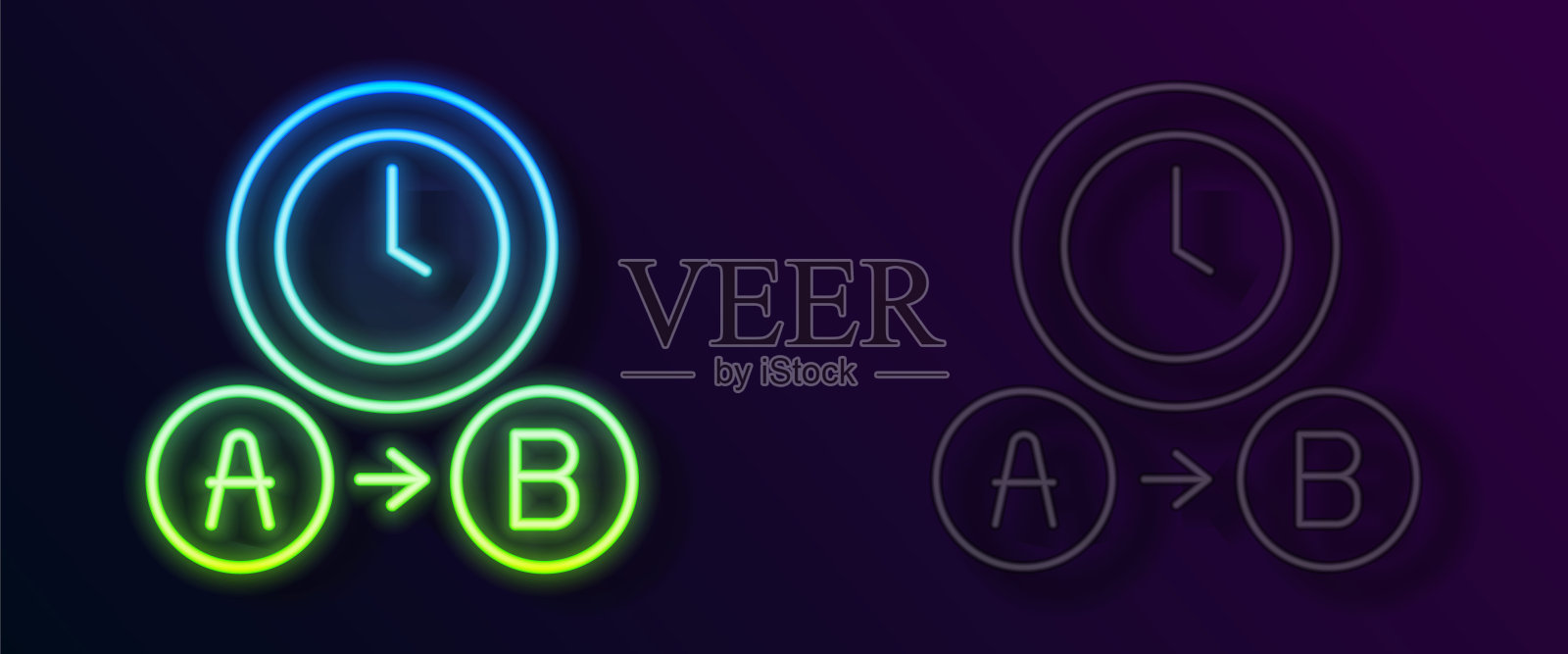 发光的霓虹灯线出租车等待时间图标孤立在黑色背景上。汽车截止日,行程安排。向量设计元素图片