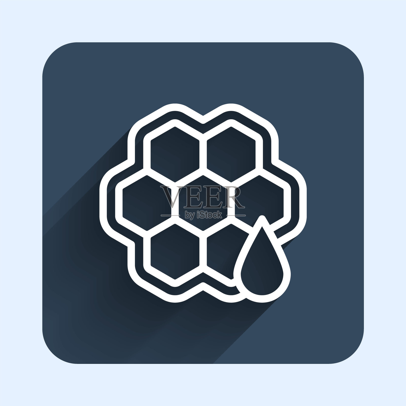 白线蜂巢图标孤立与长阴影背景。蜂蜜细胞的象征。甜蜜的天然食品。蓝色方块按钮。向量插画图片素材