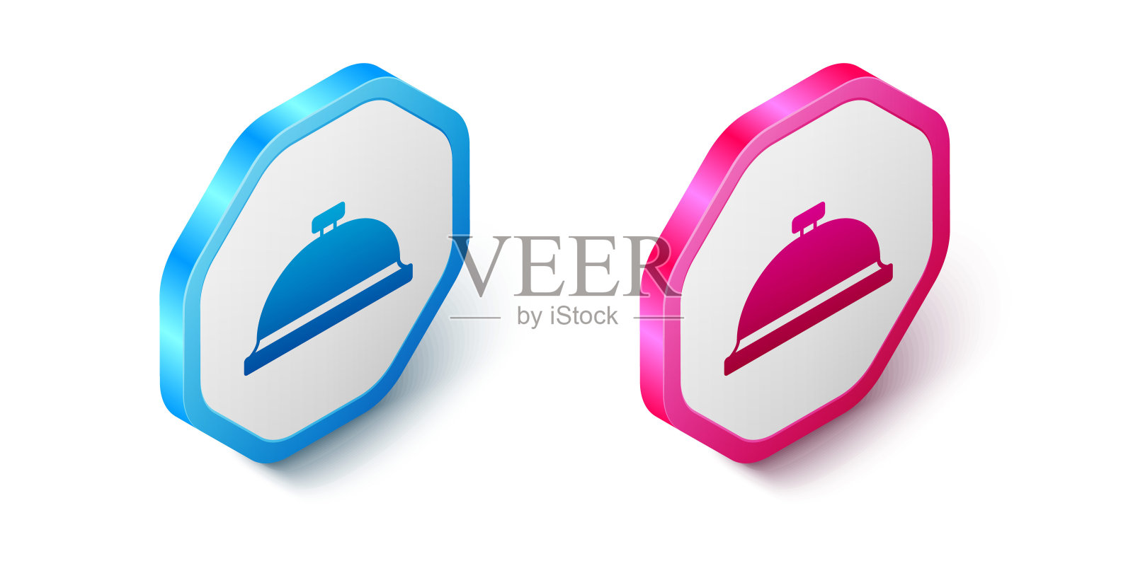 等距覆盖了一个托盘的食物图标孤立在白色背景上。托盘和盖子标志。餐厅钟形盖子。六角按钮。向量图标素材