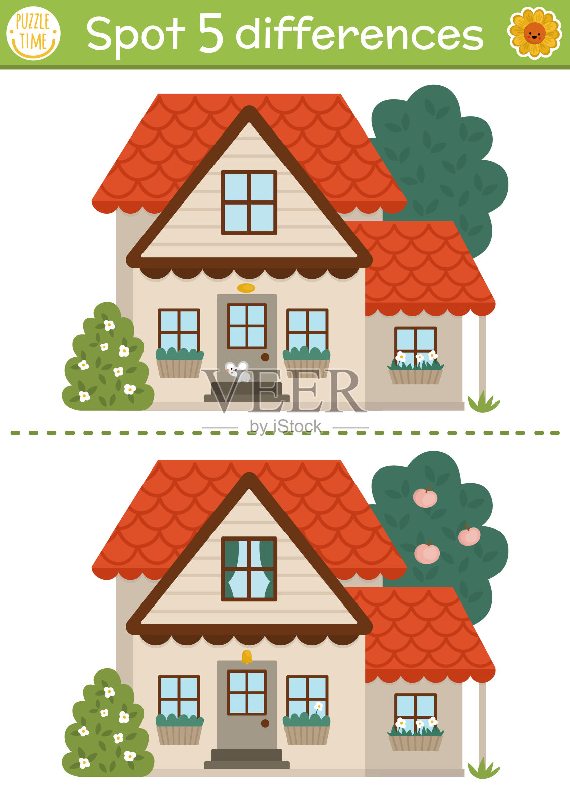 寻找差异的儿童游戏。在农场教育活动与可爱的乡村房子。农场谜题的孩子与农村农场或花园的家。村可打印的工作表或页插画图片素材