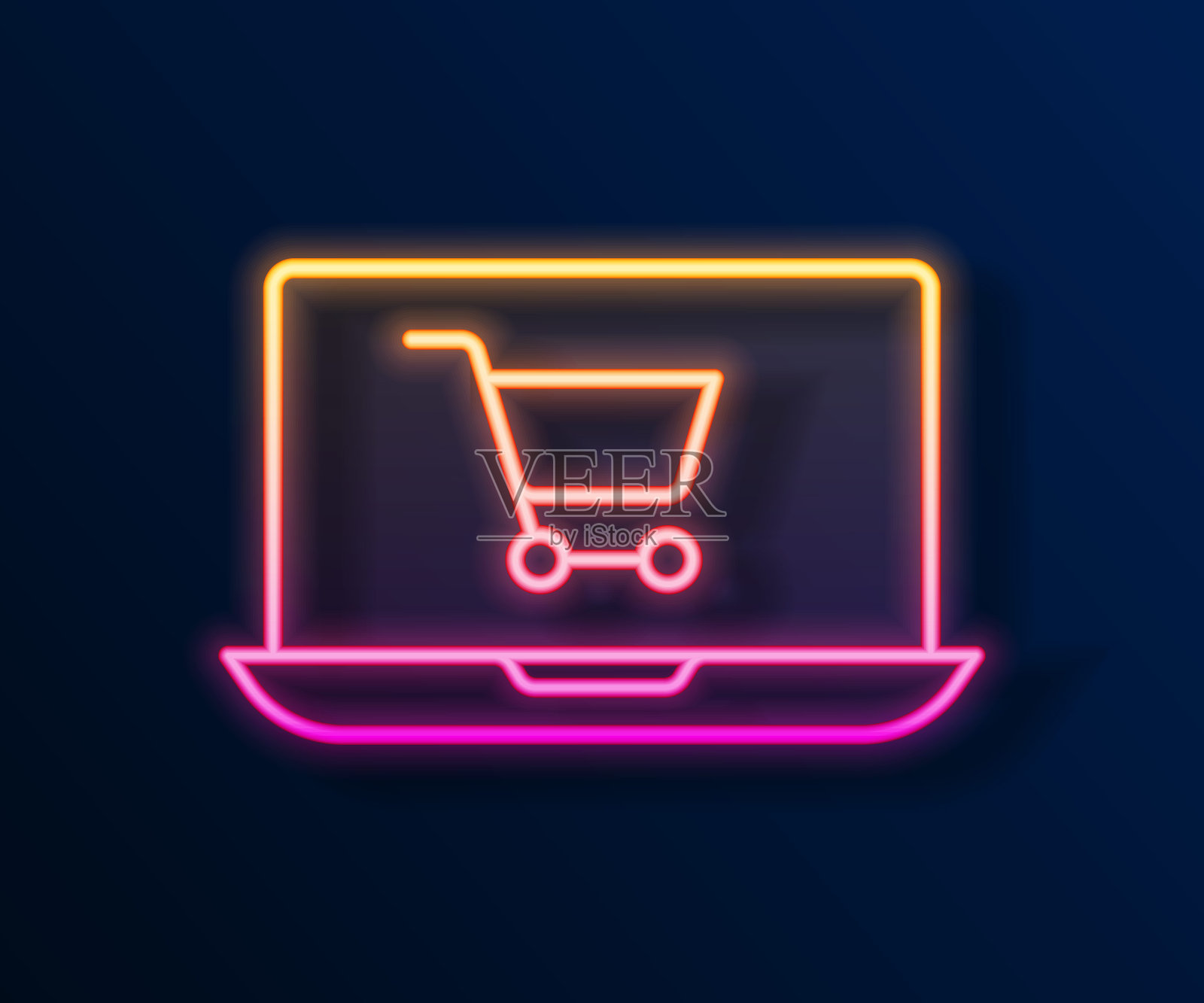 发光的霓虹灯线购物车在屏幕上笔记本电脑图标孤立在黑色背景。概念电子商务,电子商务,在线商务营销。向量插画图片素材