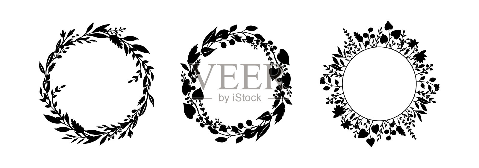 一组由草药和植物组成的花环的剪影。在白色背景上孤立的黑色矢量圆形帧插画图片素材