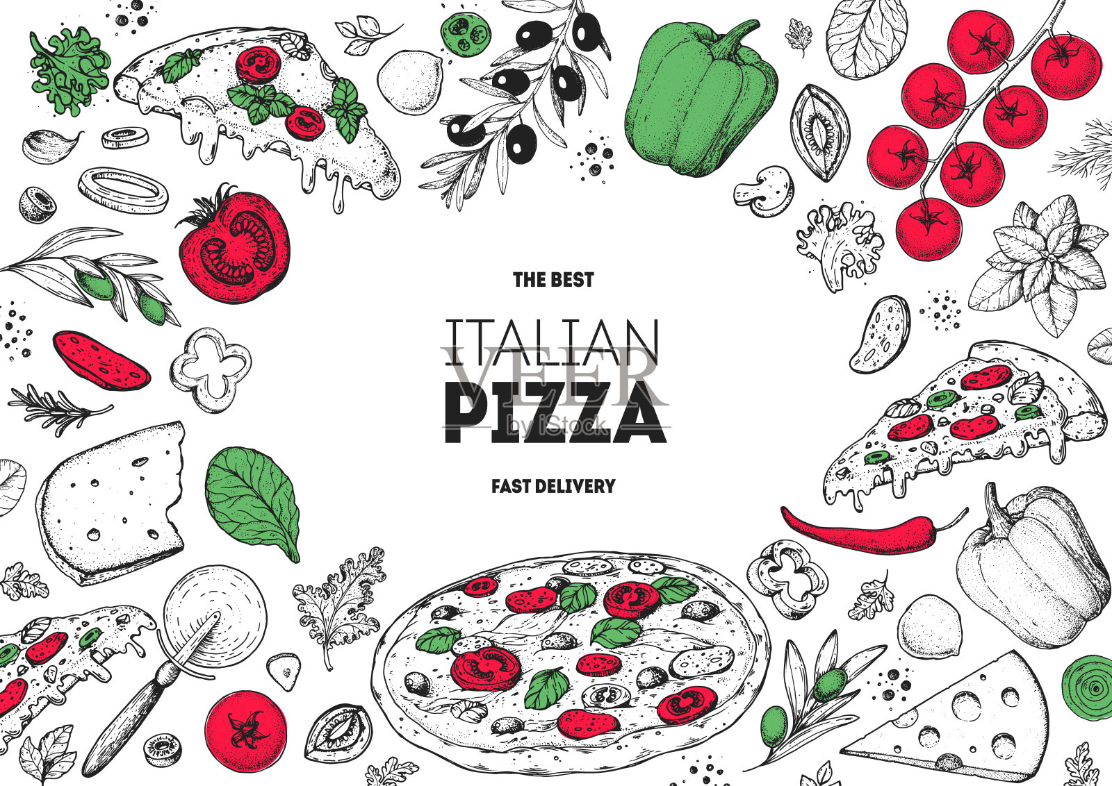 意大利披萨及配料。意大利菜菜单设计模板。披萨菜单设计模板。老式手绘草图矢量插图。雕刻的形象。插画图片素材