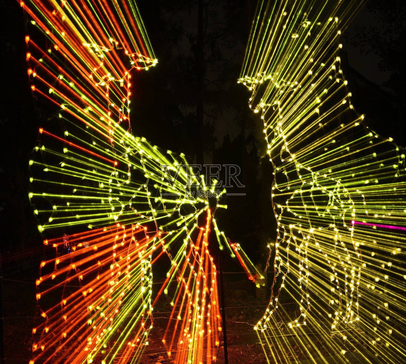 霓虹彩灯中的长颈鹿图案照片摄影图片