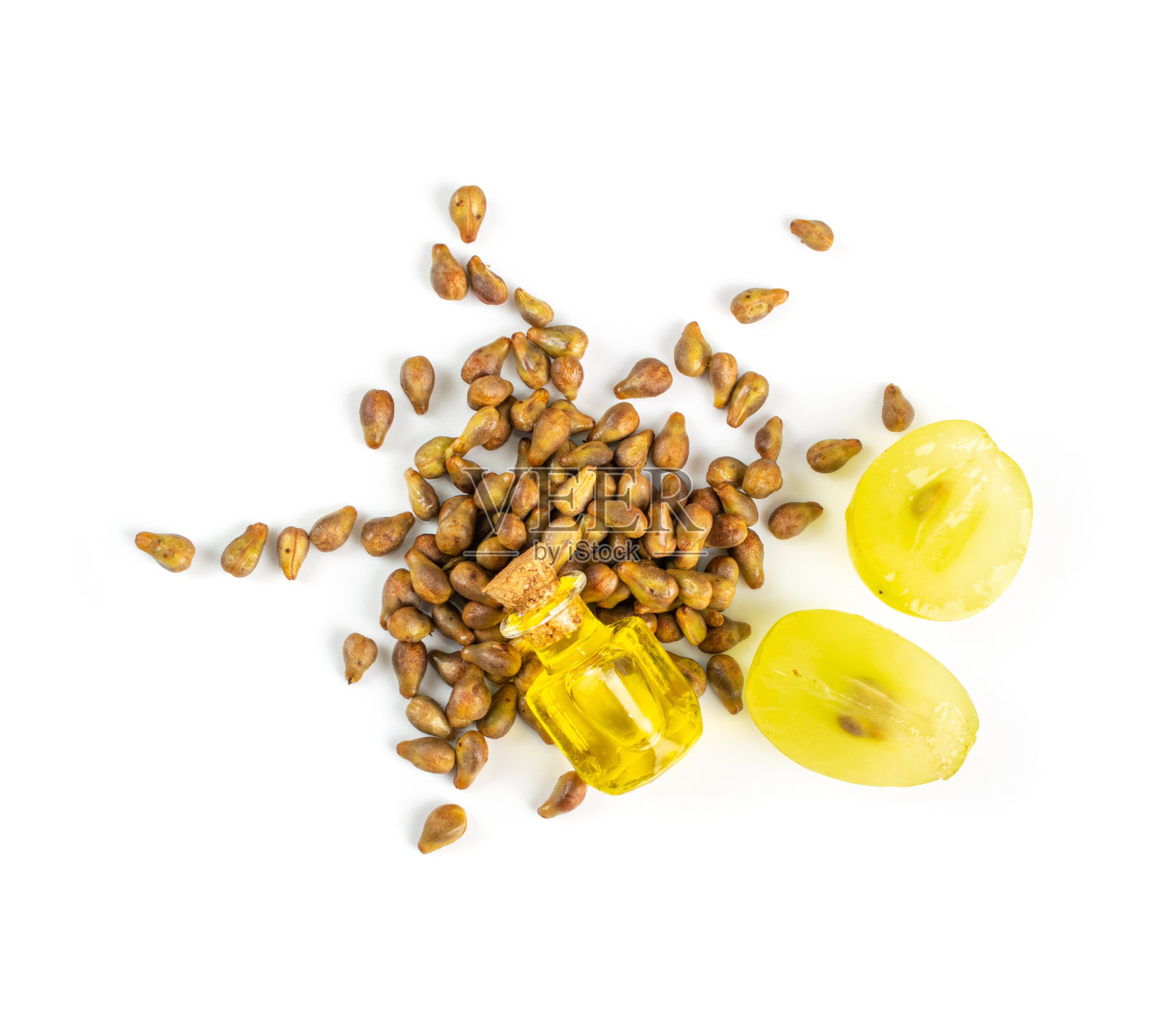 葡萄油种子在小年份瓶孤立在白色背景照片摄影图片