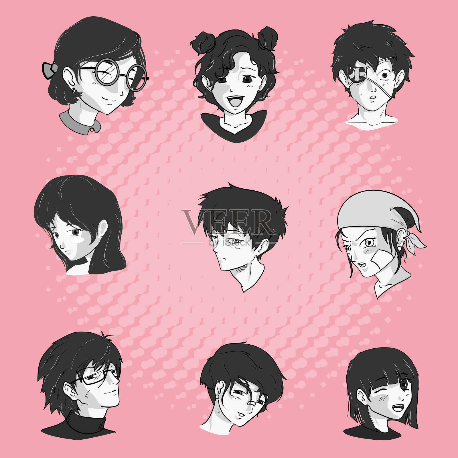 九个动漫脸插画图片素材