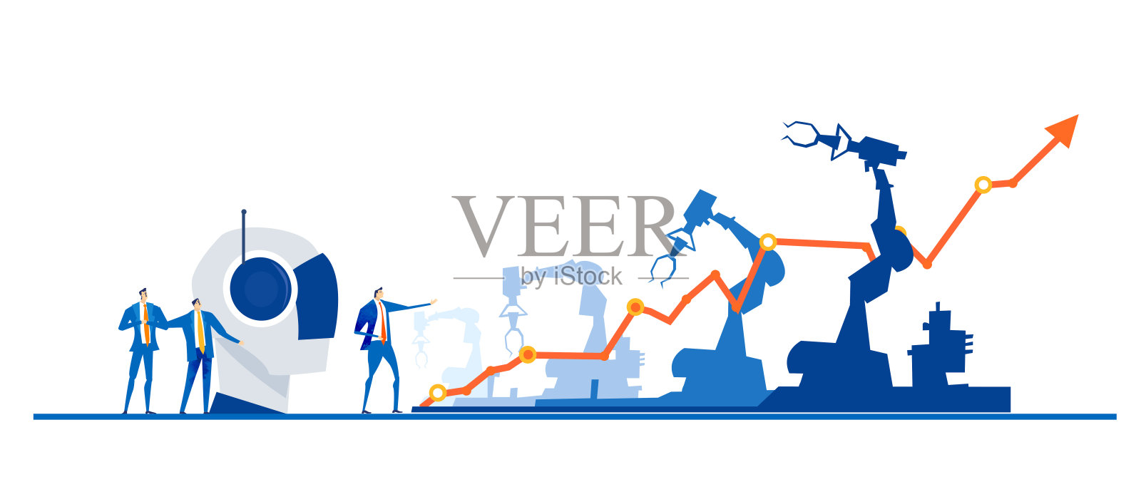 机器人。商业人士和机器人,从事人工智能工作的人,机器人帮助人们创造东西。插画图片素材