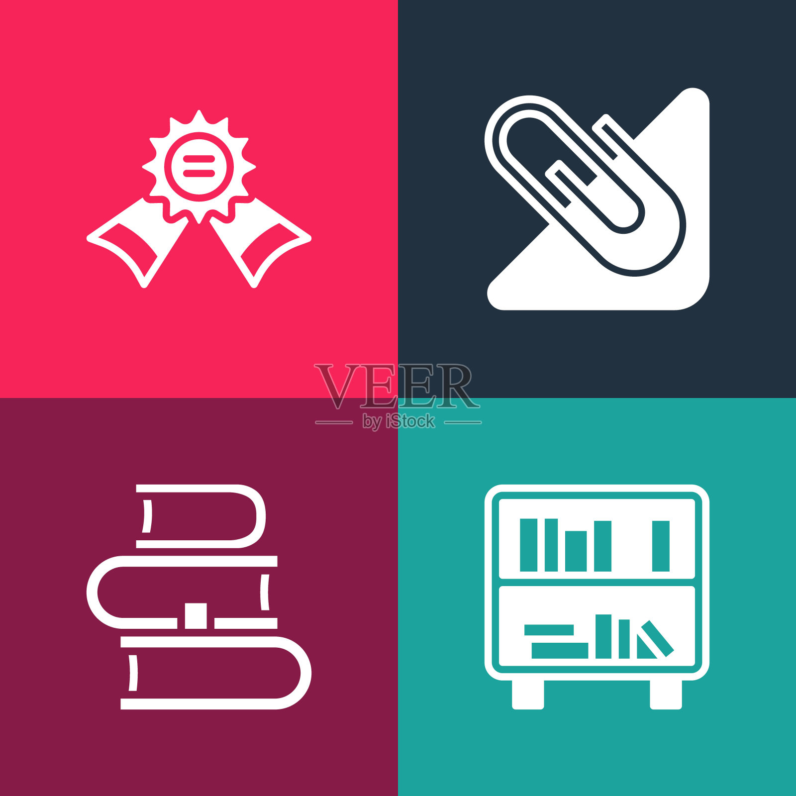 设置流行艺术书架与书,书,回形针和奖章图标。向量图标素材