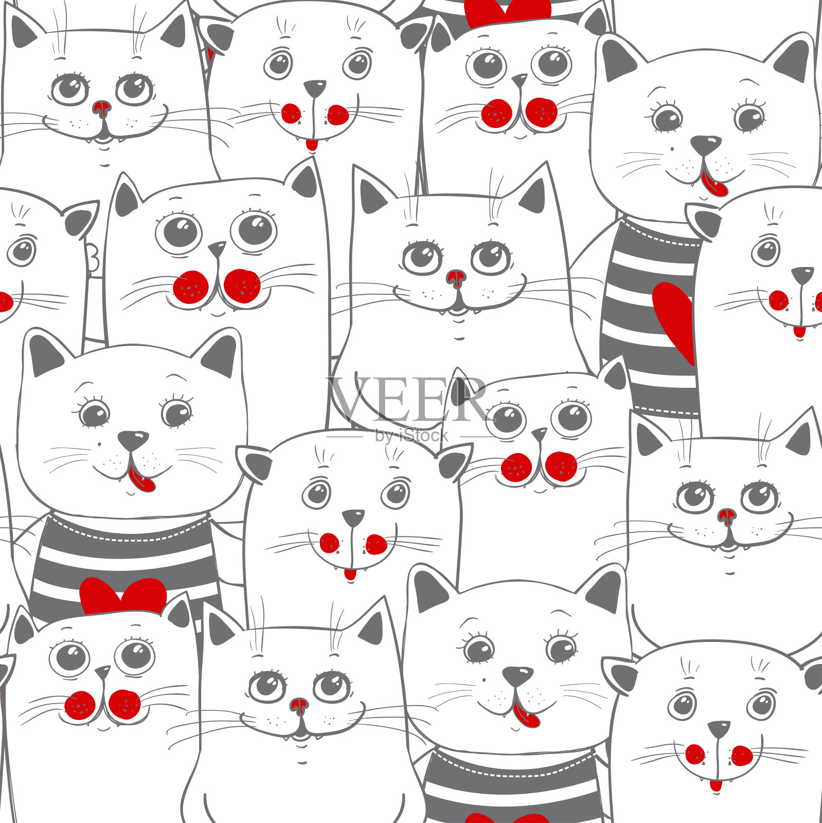 有趣的猫无缝向量模式。涂鸦艺术。插画图片素材