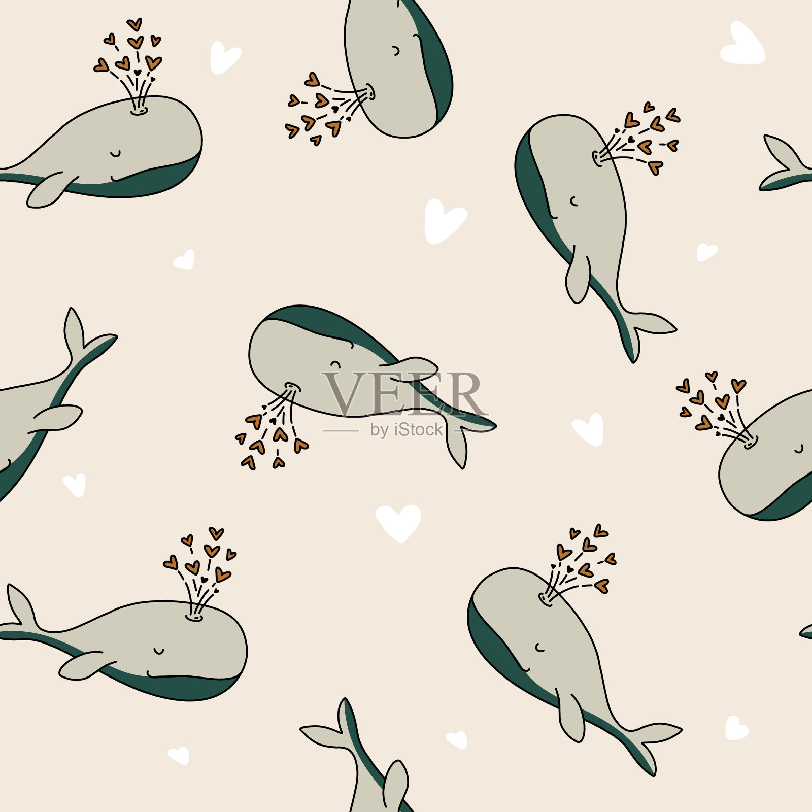 鲸鱼育儿室无缝图案,海洋哺乳动物在爱卡哇伊印花柔和中性设计元素图片