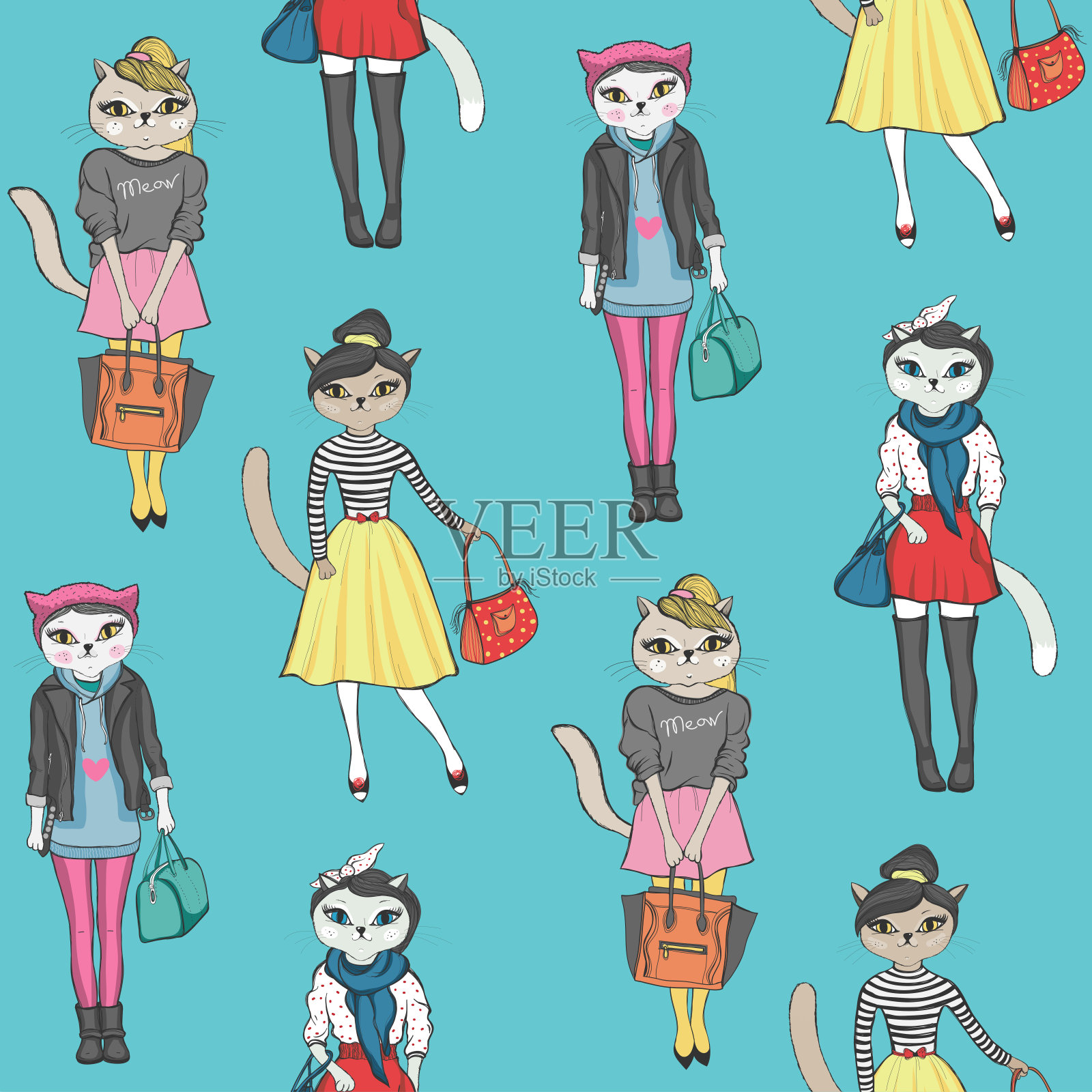 可爱的时尚猫无缝图案,矢量插图插画图片素材