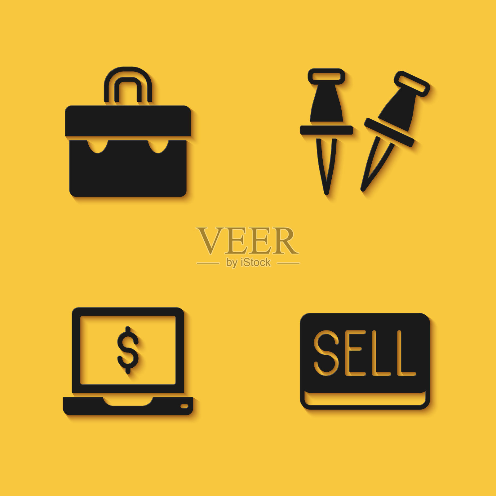 公文包、销售按钮、带美元的笔记本电脑和图钉长阴影图标矢量图图标素材