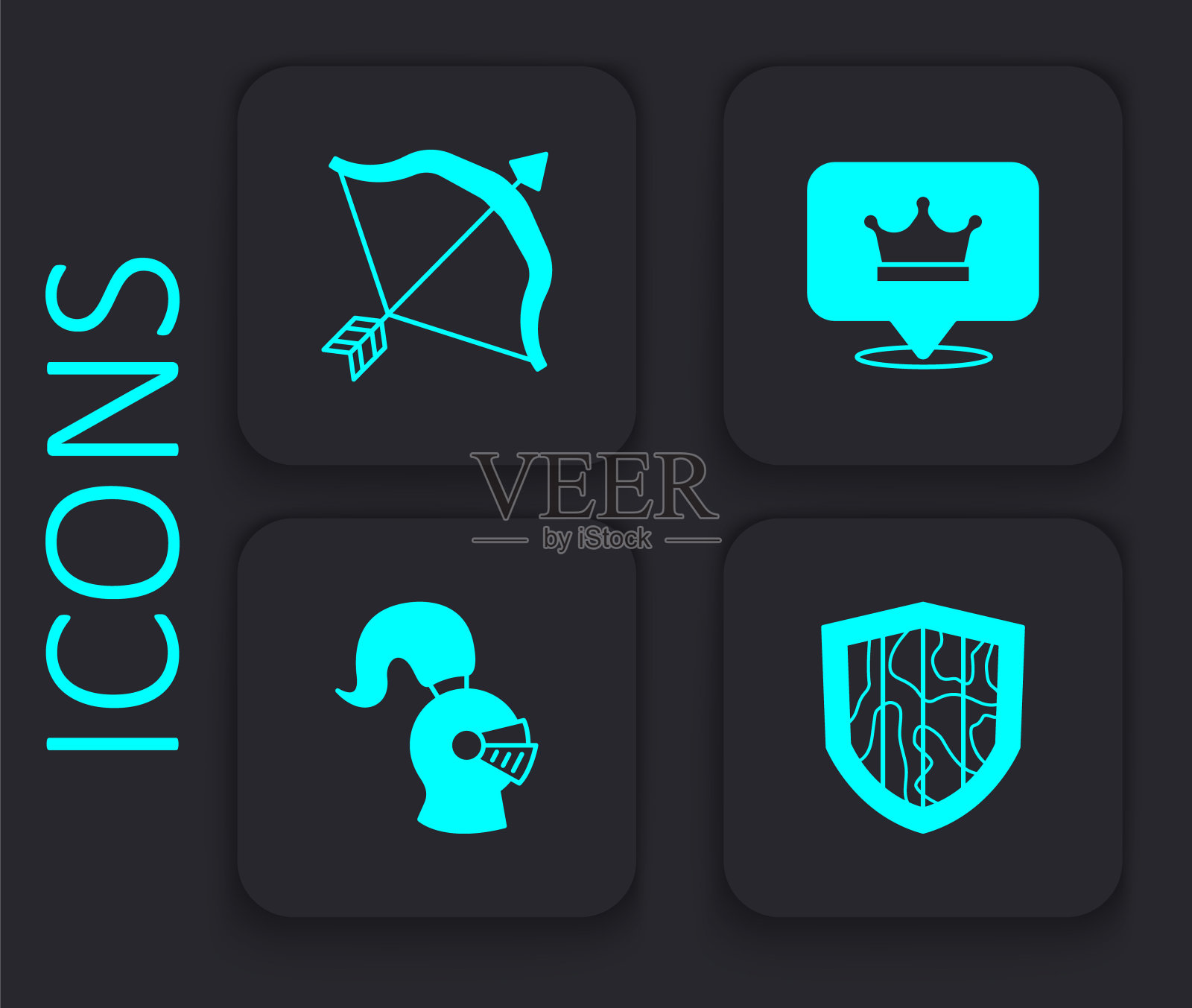 设置盾牌,中世纪弓和箭,国王王冠和头盔图标。黑色方形按钮。向量图标素材