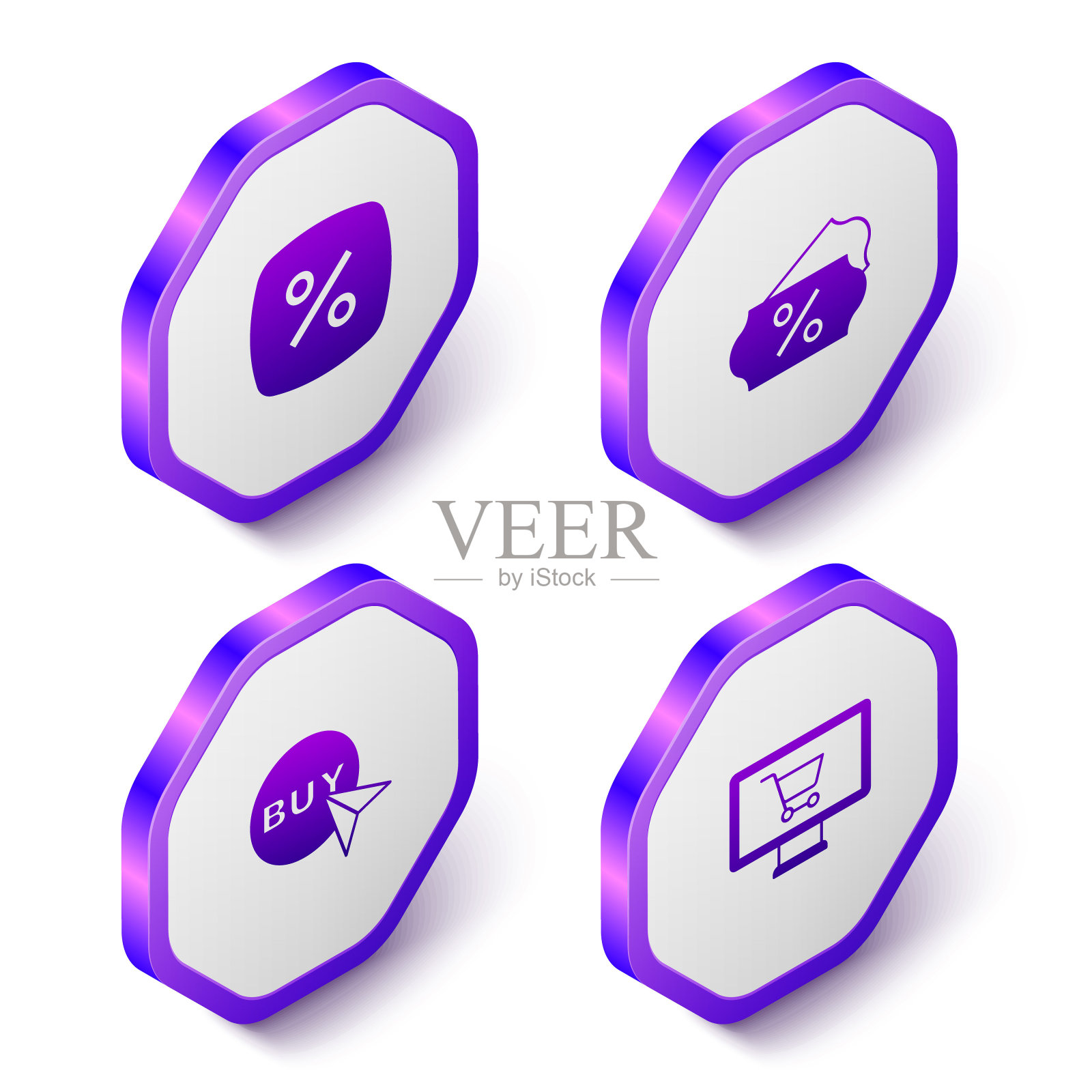 设置等距折扣百分比标签,购买按钮和购物车监控图标。紫色的六角按钮。向量图标素材
