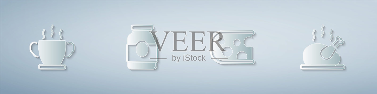 一碗热汤,果酱罐,奶酪和烤火鸡或鸡肉。纸艺术风格。向量插画图片素材