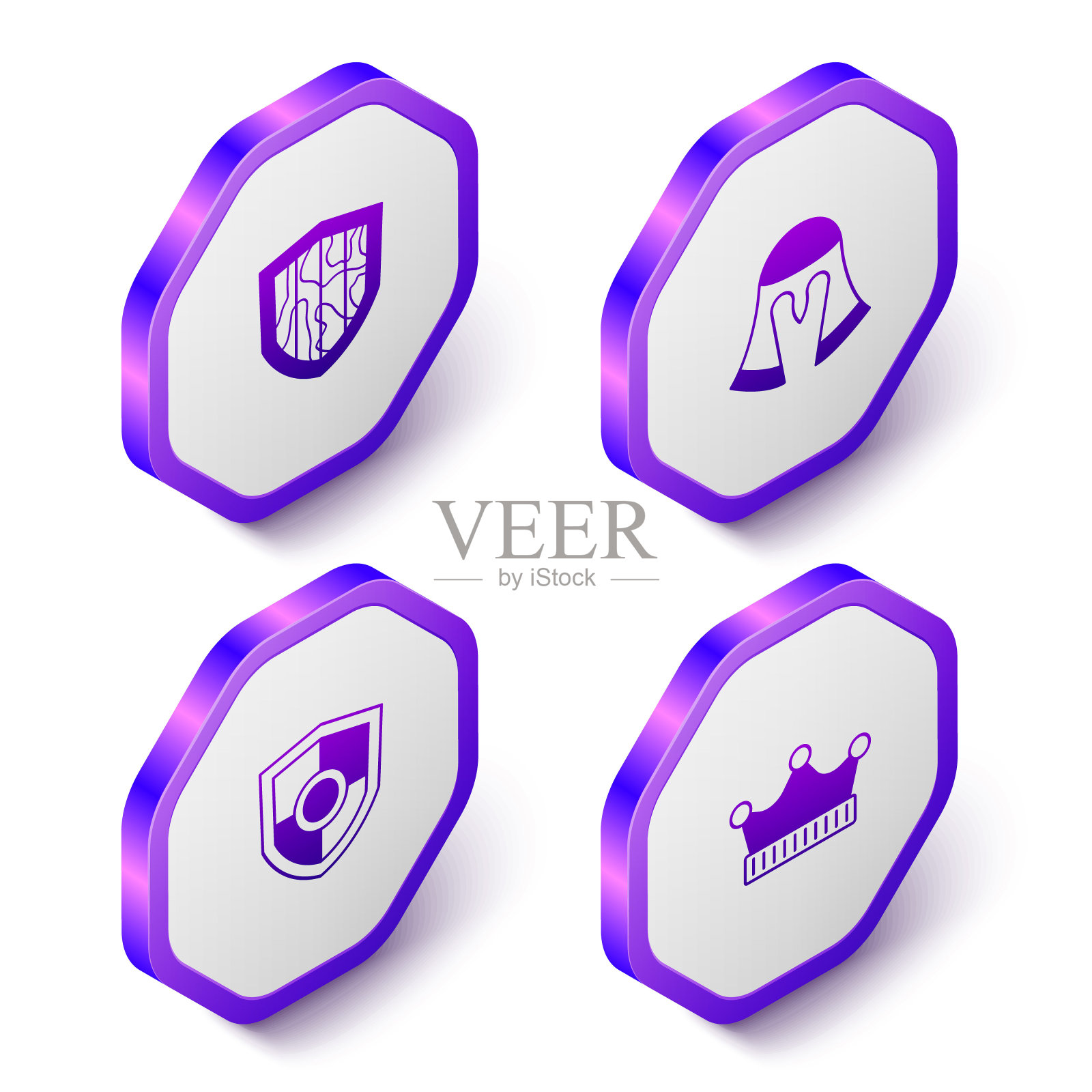 设置等距盾牌,中世纪头盔,国王王冠图标。紫色的六角按钮。向量图标素材