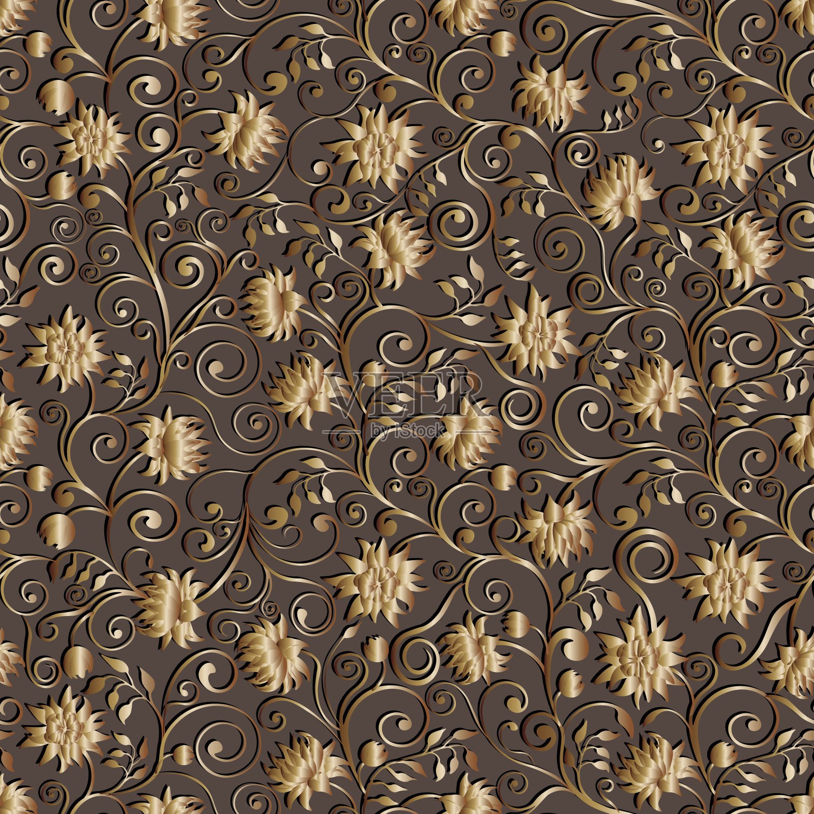 金色,大马士革风格,手绘,漩涡图案,花朵,棕色背景。插画图片素材