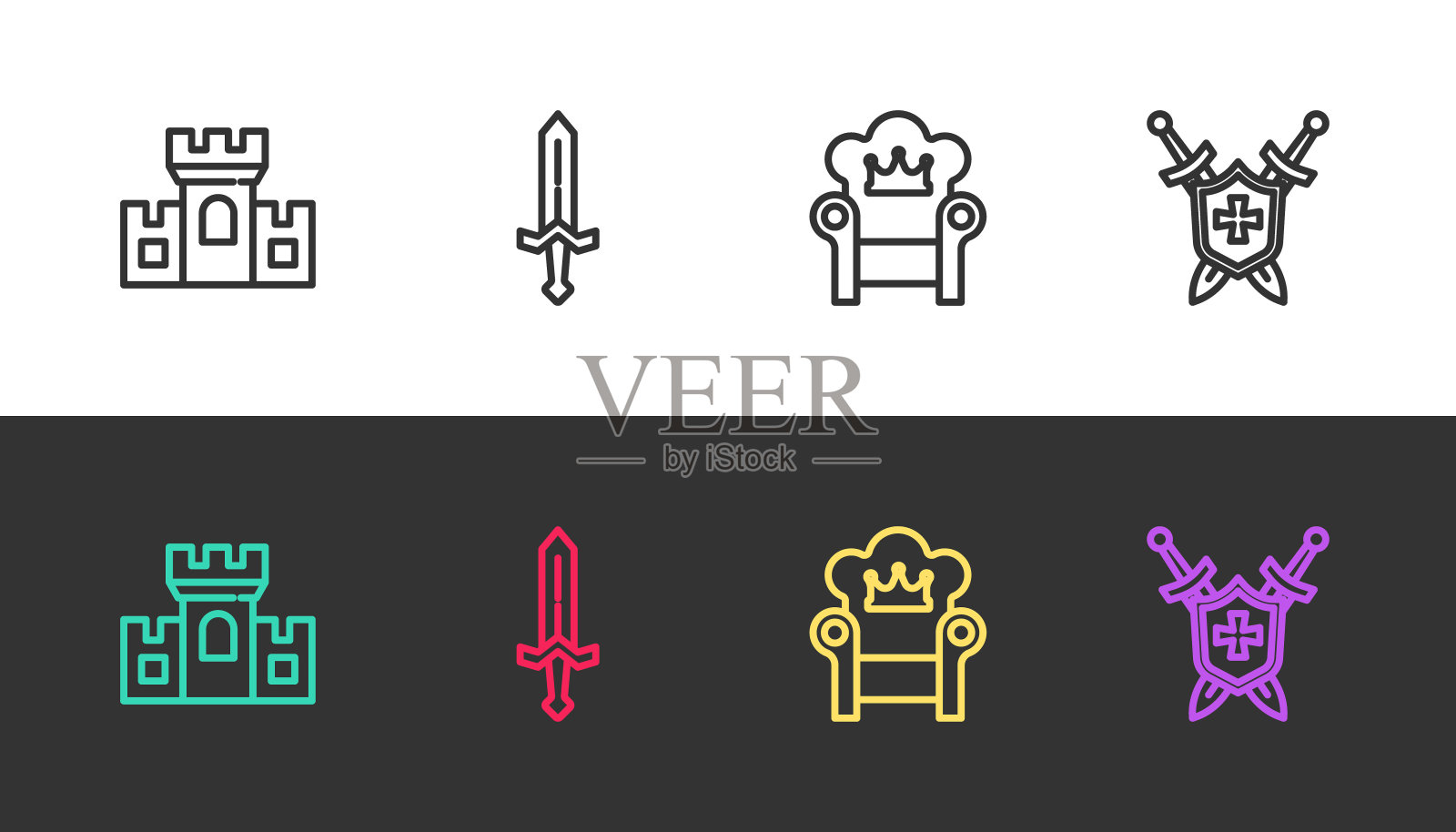 在黑白上设置城堡、要塞、中世纪剑、王座和剑盾。向量插画图片素材