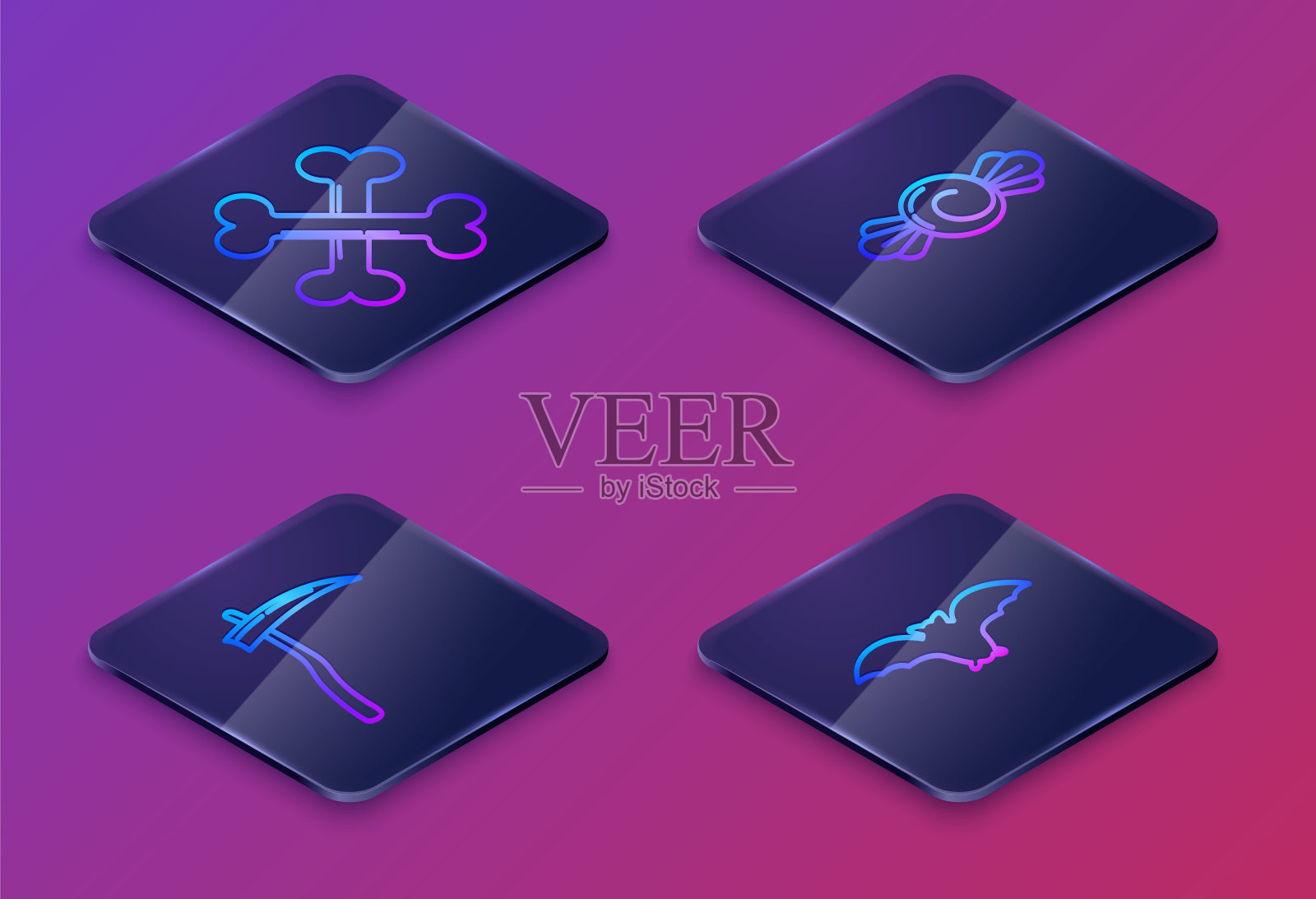 设置等距线交叉的骨头,镰刀,糖果和飞行的蝙蝠。蓝色方块按钮。向量图标素材