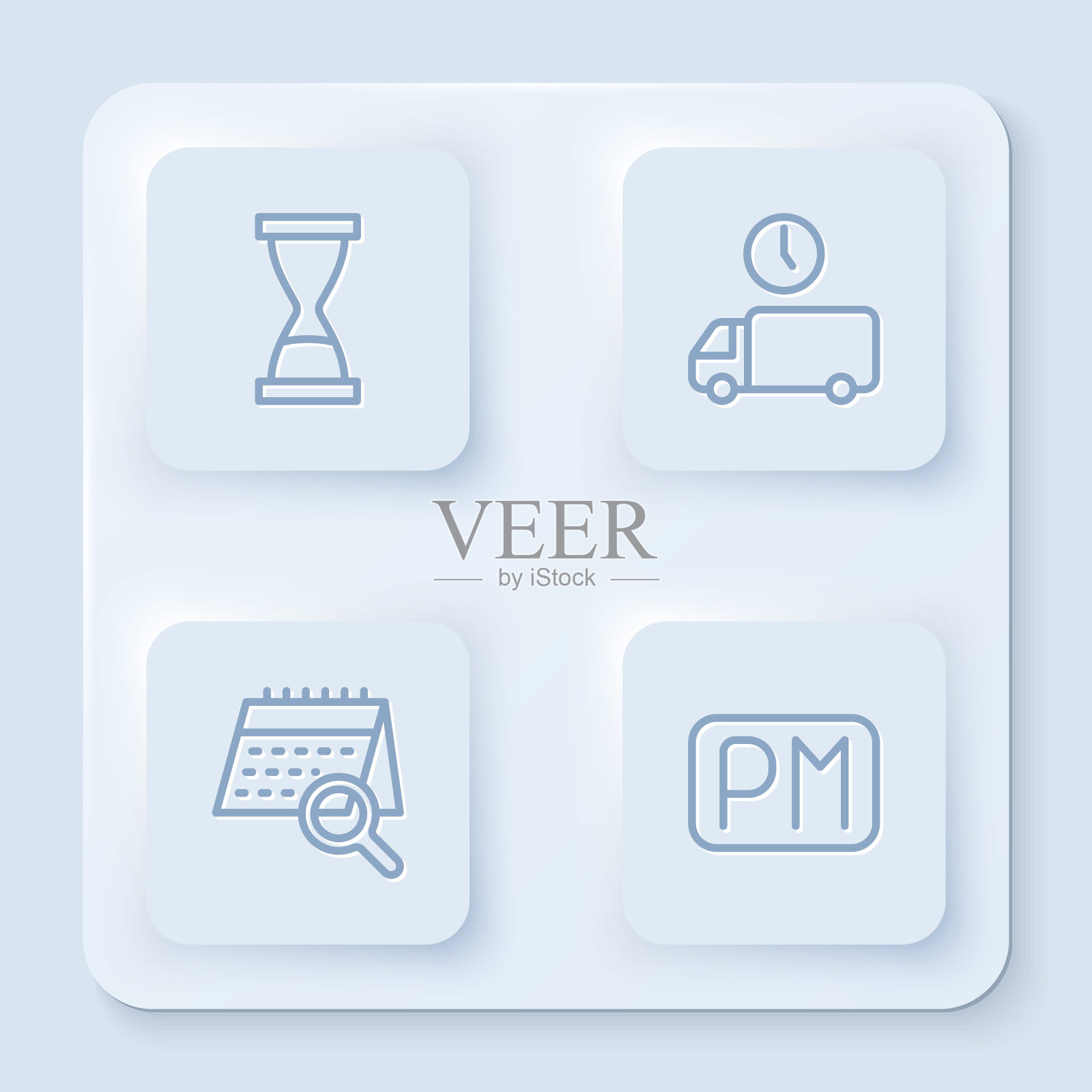 设置线旧沙漏与沙子,交货时间,日历搜索和日。白色正方形按钮。向量图标素材