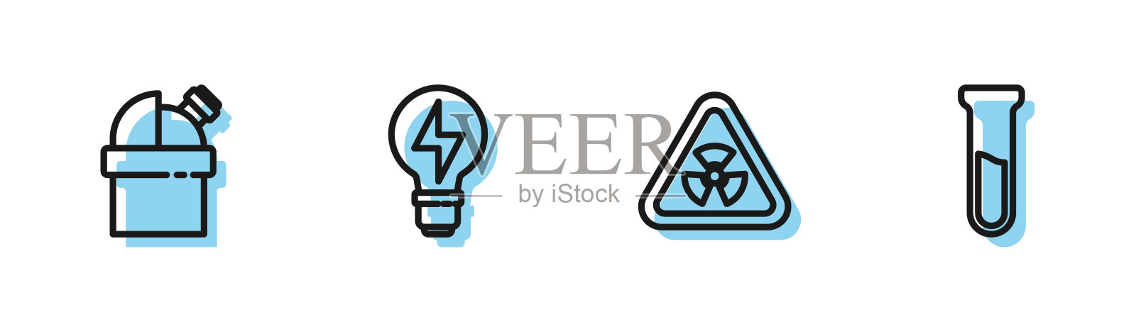 设置线三角形辐射,天文台,灯泡闪电和试管和烧瓶图标。向量插画图片素材