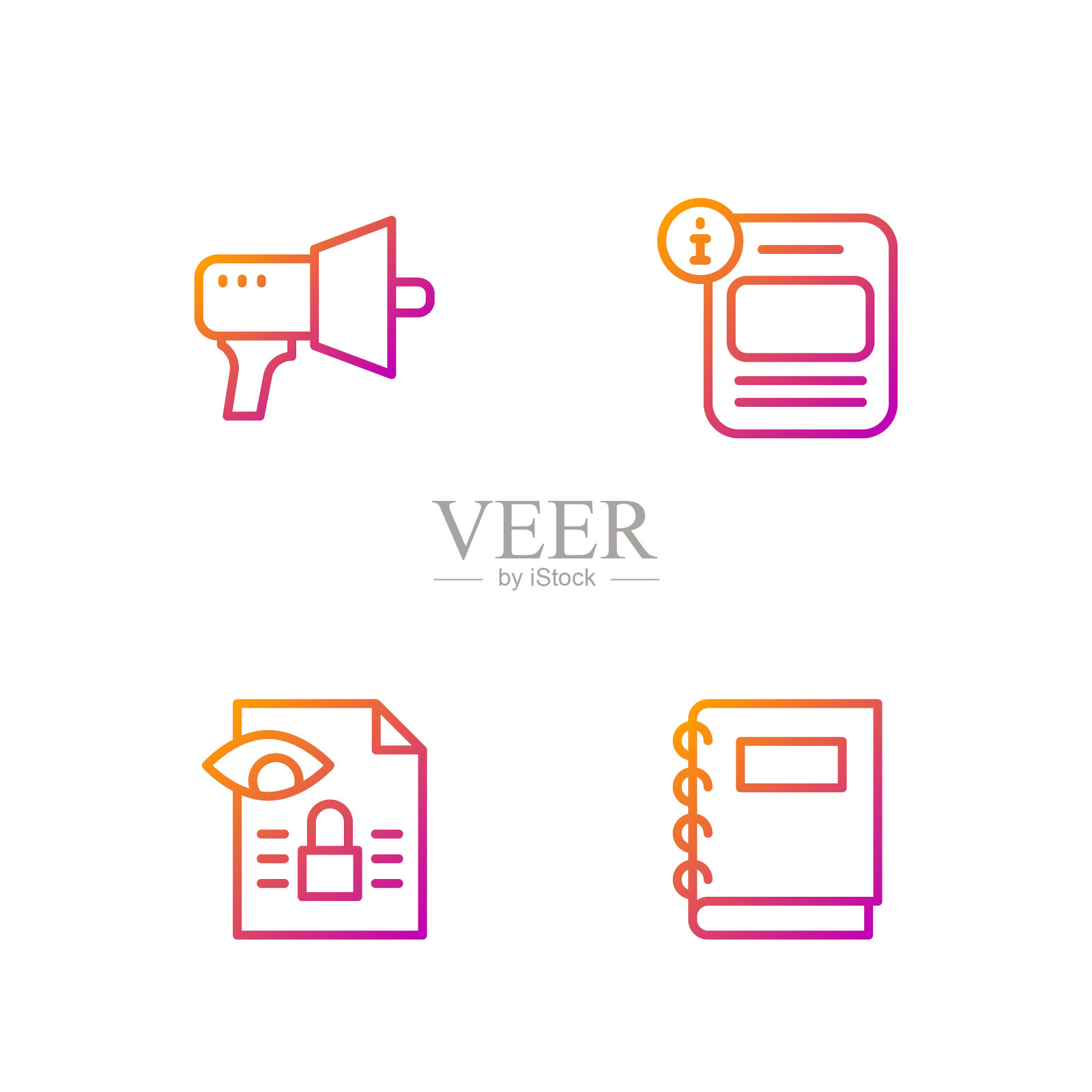 集线笔记本,新闻调查,扩音器和信息。渐变颜色图标。向量图标素材