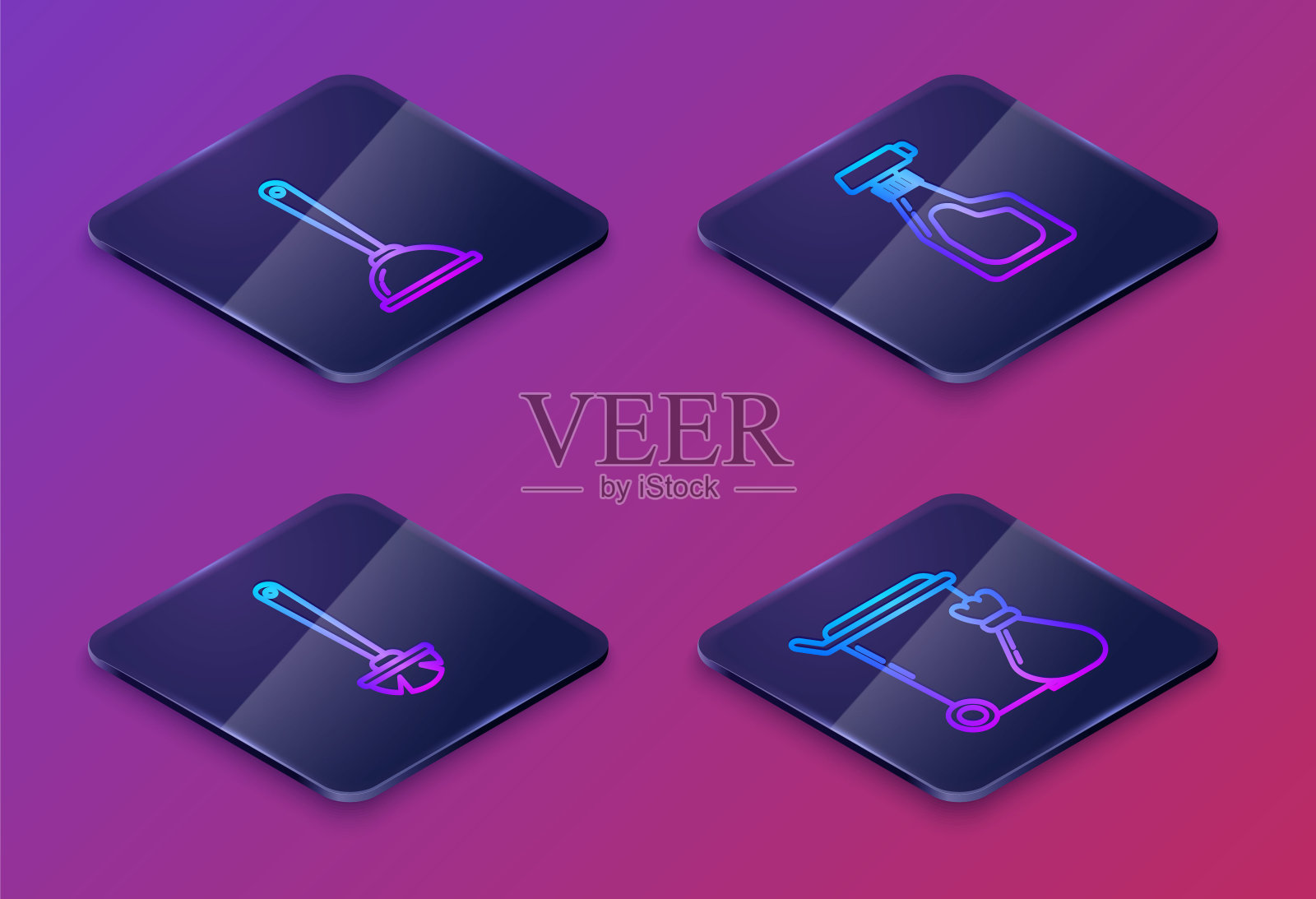 马桶柱塞、马桶刷、清洁喷雾瓶、洗洁精、垃圾桶等。蓝色方块按钮。向量图标素材