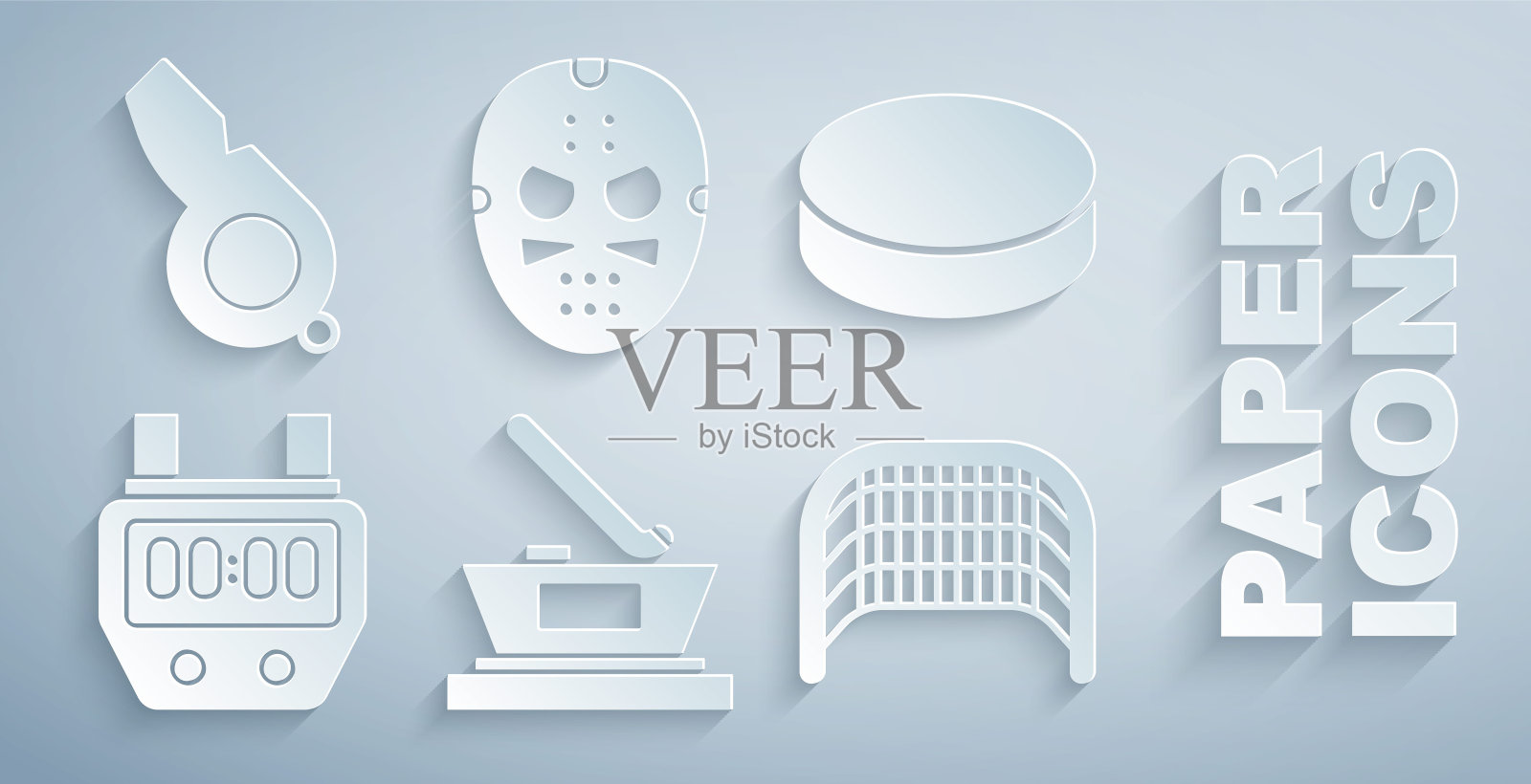 设置冰球杯冠军,冰球,秒表,目标,面具和哨子图标。向量插画图片素材